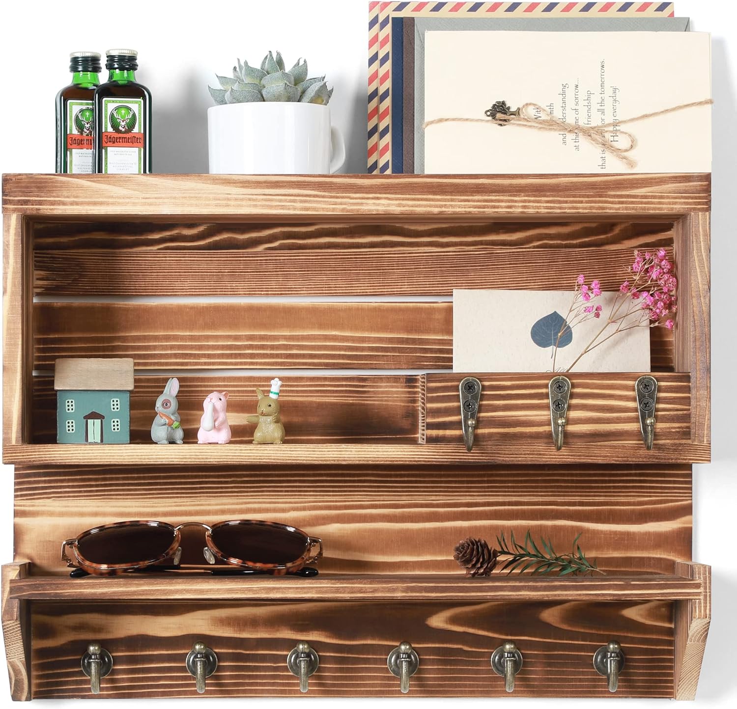 Innovation Key and Mail Holder for Wall, Key Holder Wall Mount, Mail Organizer with 9 Hooks, Light Brown