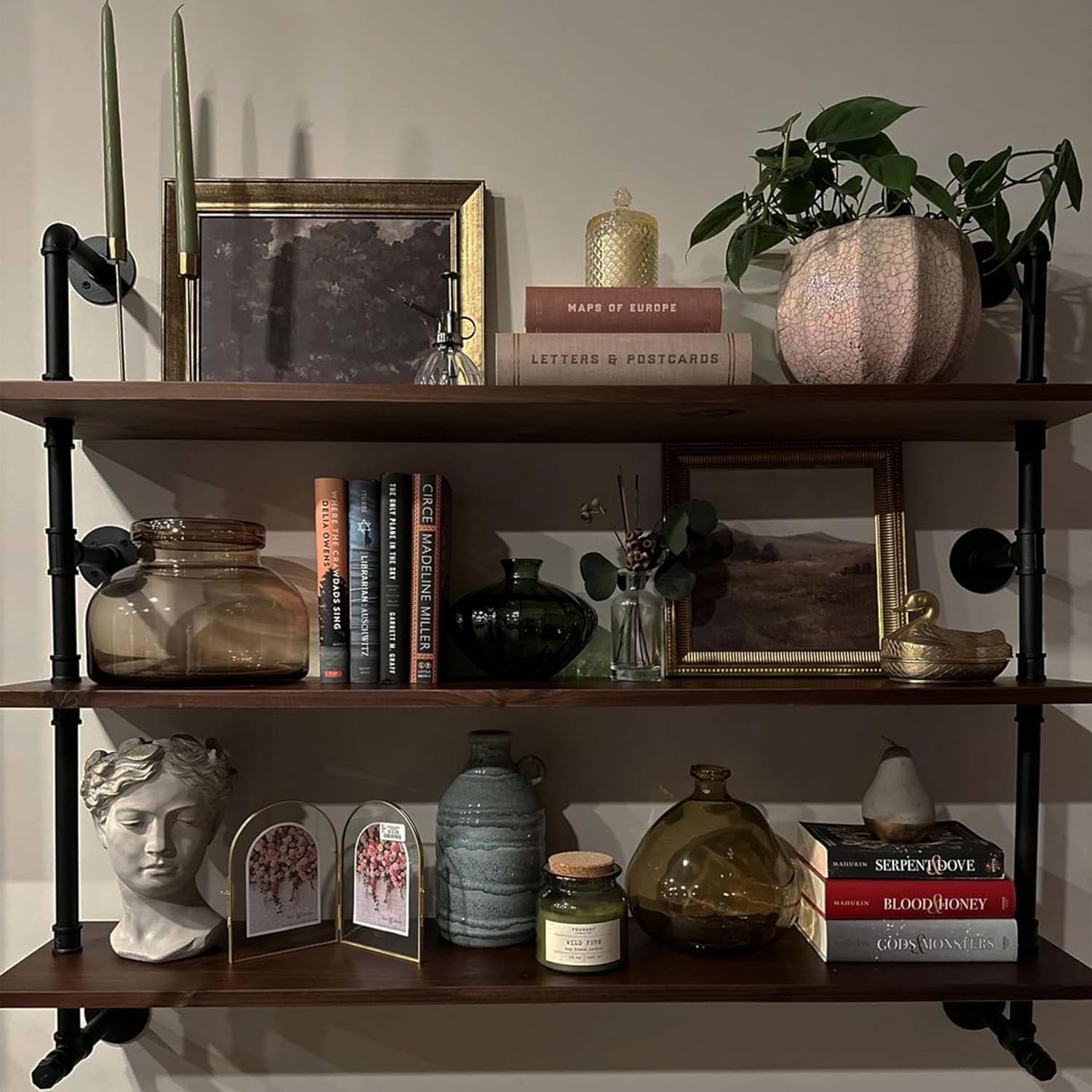 Industrial Pipe Wall Shelves Pipe Shelving with Real Wood Plank ,48 Inches Floating Shelves for Wall Farmhouse Pipe Book Shelves Dark Brown 3 Tier for Kitchen,Living Room Decor and Bar Shelving