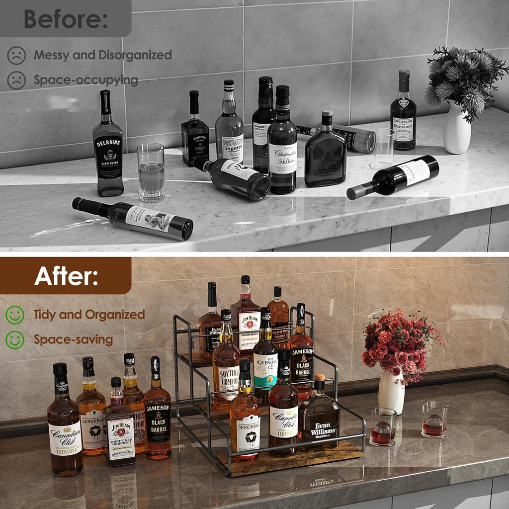 Nuovoware Liquor Bottle Display Shelf, 3-Tier Liquor Shelf, Carbon Steel Bar Cabinet with Wooden Base and Retainer Bar for Whiskey Syrup Wine, Wine Rack for Countertop Kitchen Coffee Bar, Black