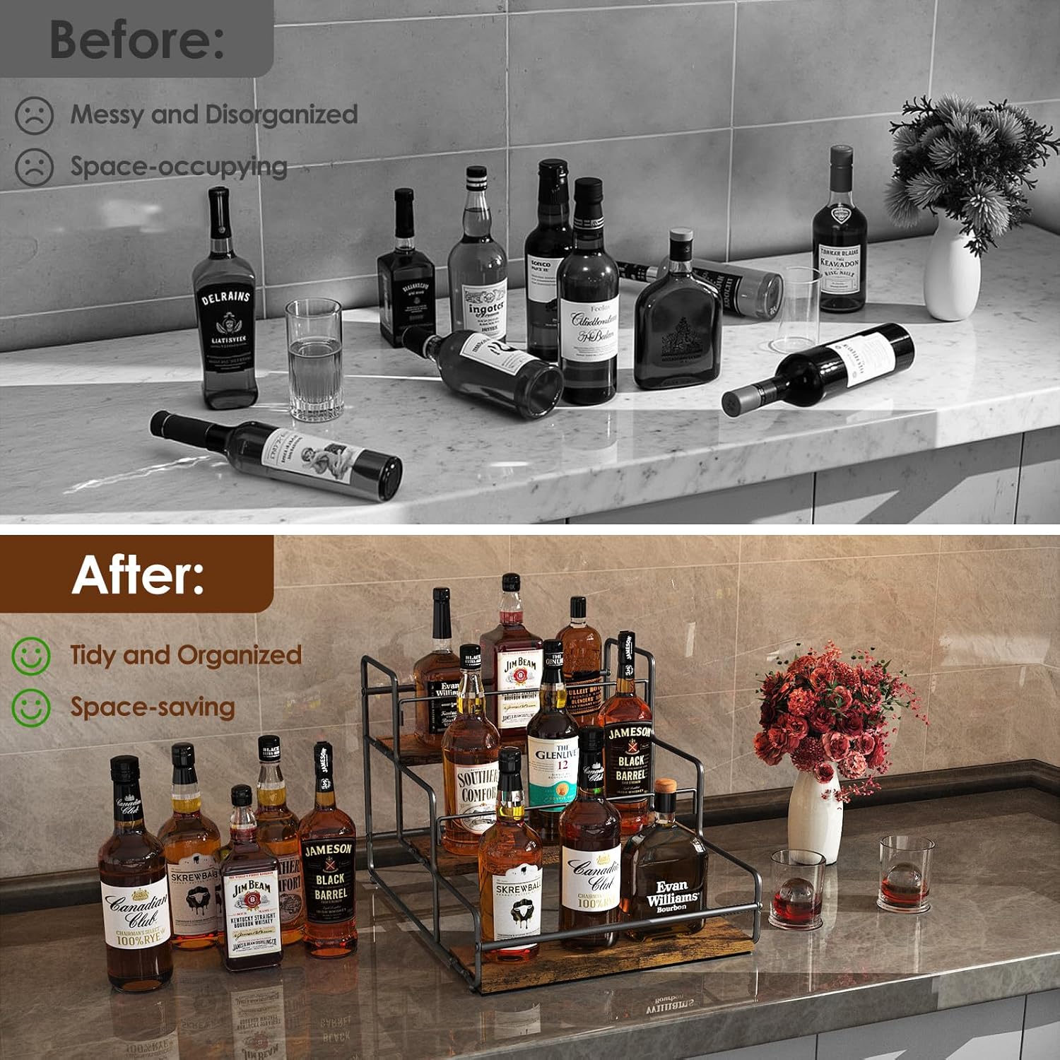 Nuovoware Liquor Bottle Display Shelf, 3-Tier Liquor Shelf, Carbon Steel Bar Cabinet with Wooden Base and Retainer Bar for Whiskey Syrup Wine, Wine Rack for Countertop Kitchen Coffee Bar, Black