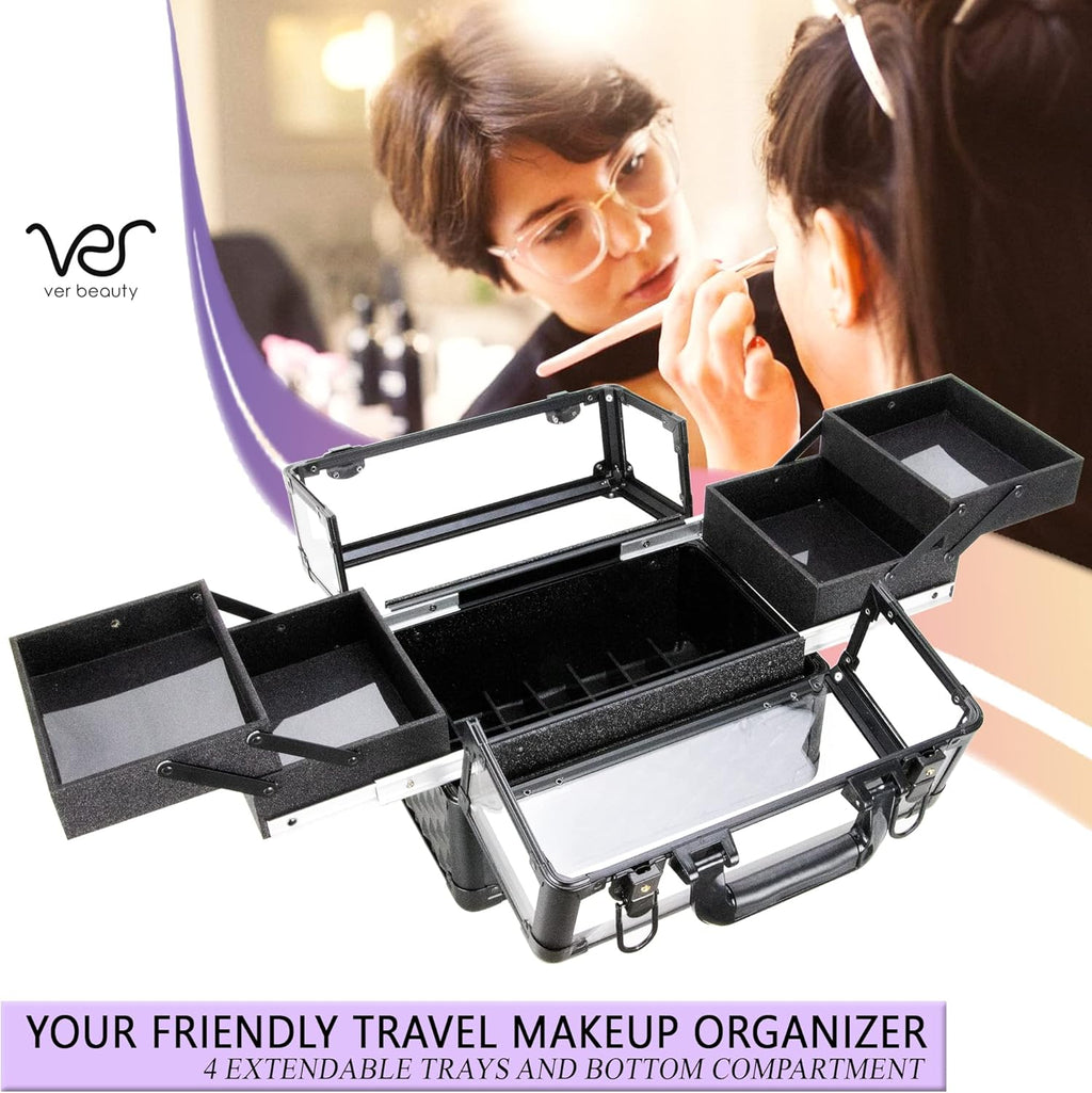 Ver Beauty Armored Acrylic Cosmetic Case Organizer Train Makeup Case with 4 Extendable Trays and Bottom Compartment Key and Lock (Black Diamond)