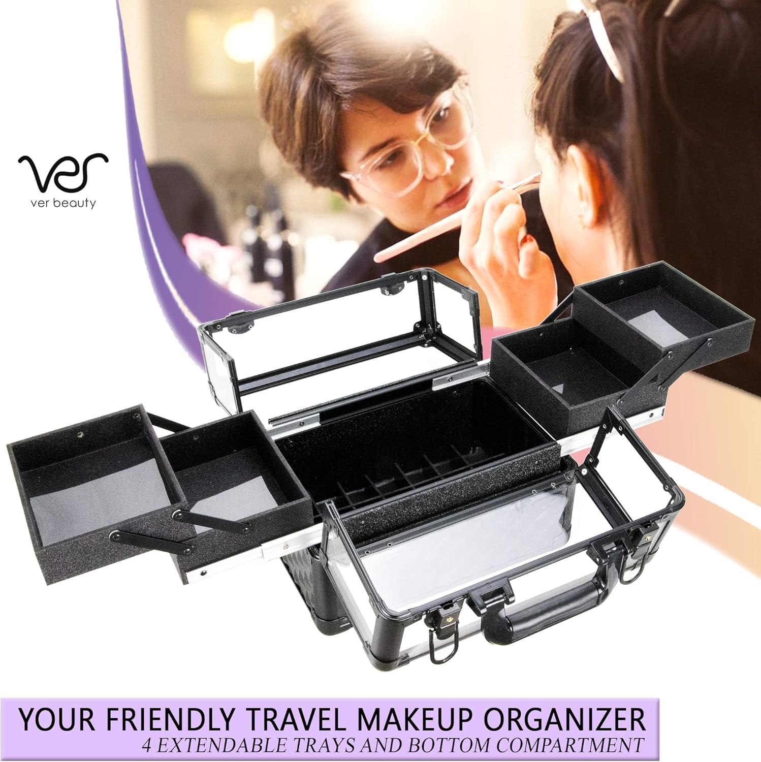 Ver Beauty Armored Acrylic Cosmetic Case Organizer Train Makeup Case with 4 Extendable Trays and Bottom Compartment Key and Lock (Black Diamond)