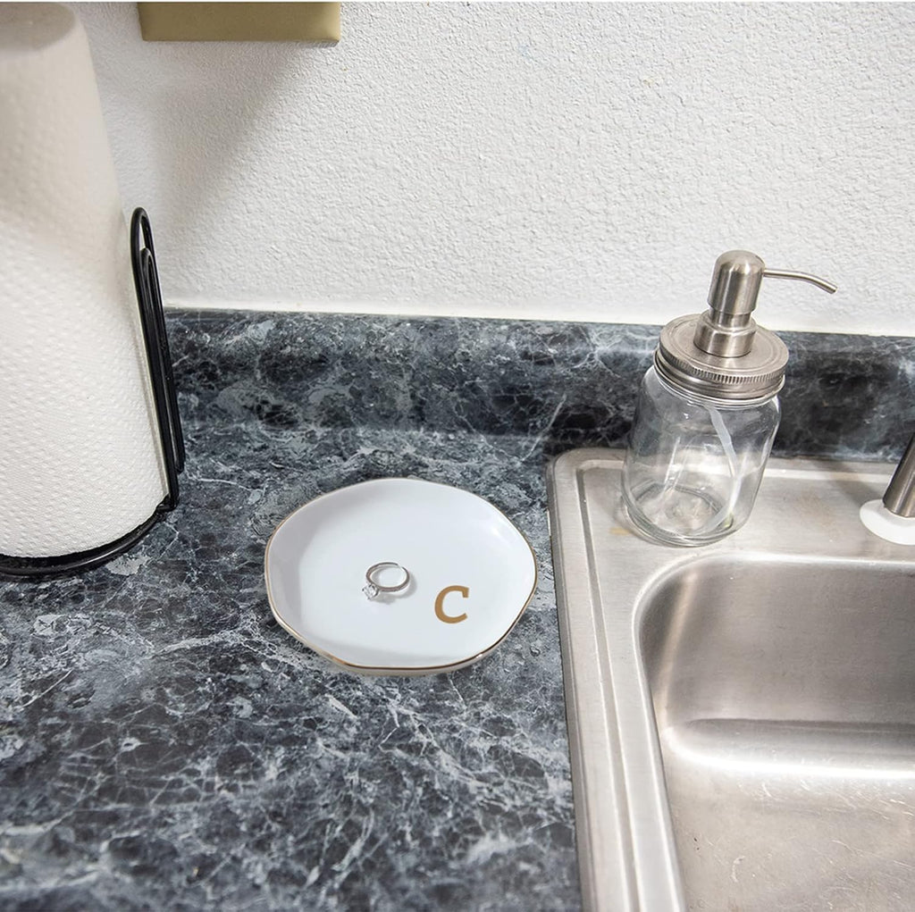 Initials Ring Dish Jewery Tray with personalized C-Monogrammed Gifts Wedding Engagement for Women Friends sister,Ceramic White