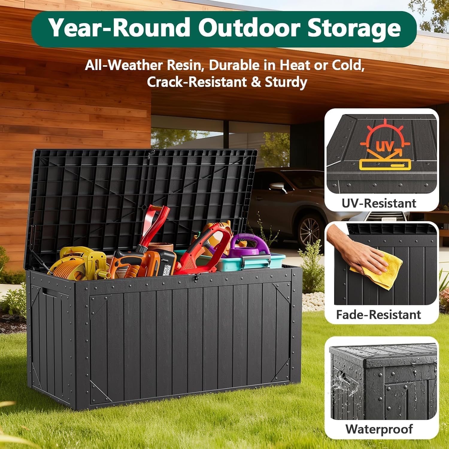 100 Gallon Outdoor Storage Box, Lockable Resin Deck Box for Patio Cushions, Throw Pillows, Garden Tools, Weatherproof Large Outdoor Storage Bench for Yard, Porch, or Balcony