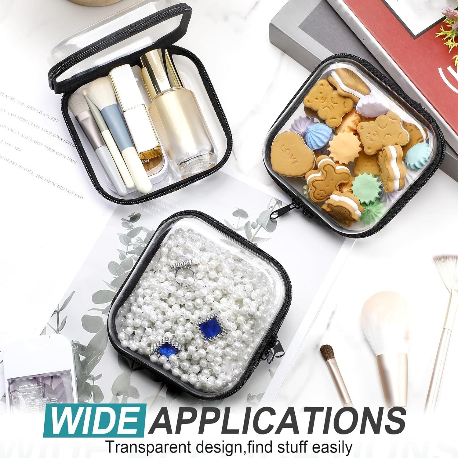 Sanwuta 6 Pcs Clear Hard Zipper Case Hard Plastic Zipper Pouches Transparent Makeup Bag Pencil Pouches for Travel Snacks Christmas Trinket Storage Organizer Box(Black,5 x 5 x 2 Inch)