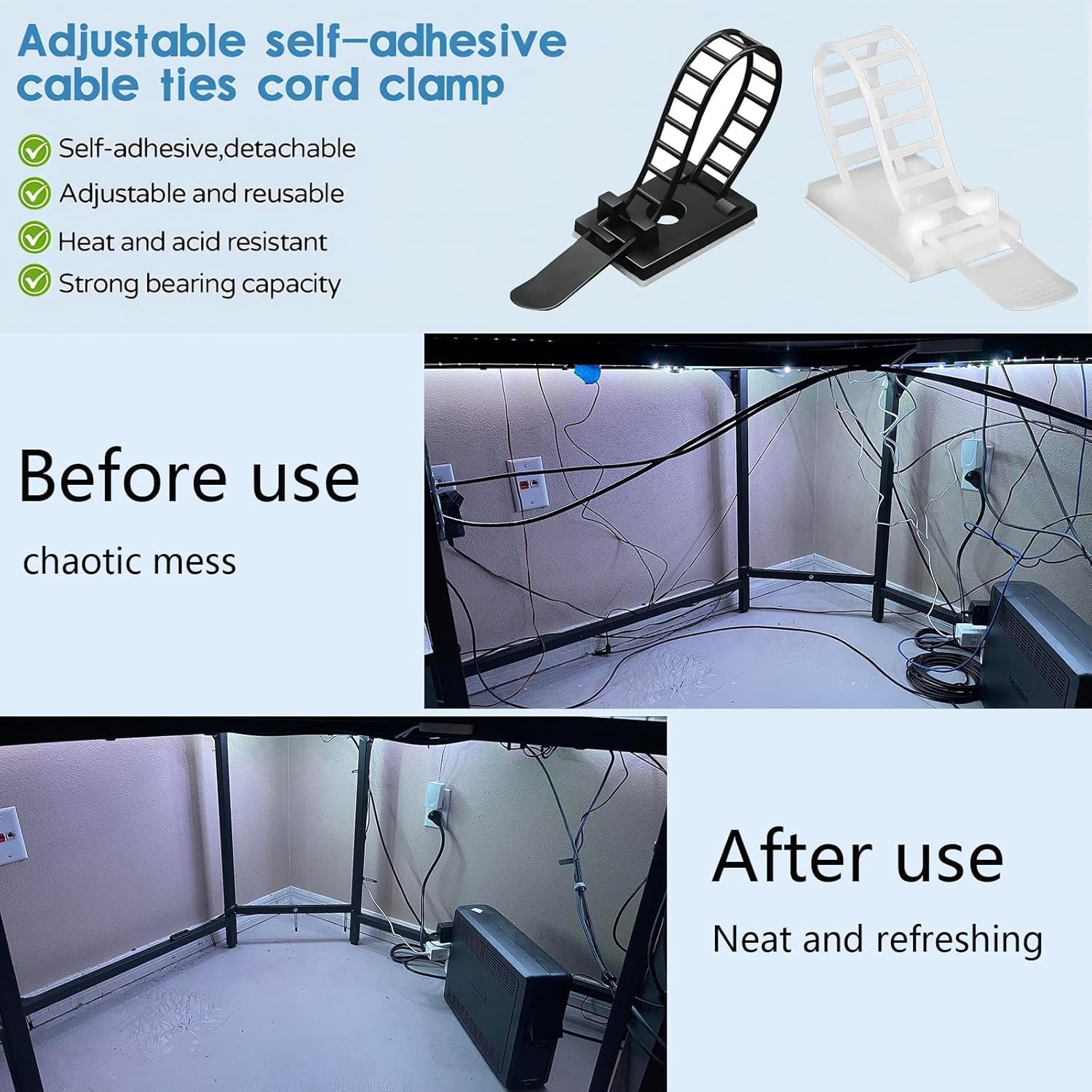 Cable Ties Cable Clips Wire Management Cord Clips Under,Desk Cable Management Reusable Zip Ties Wire Organizer Under Desk 50 Packs (White)