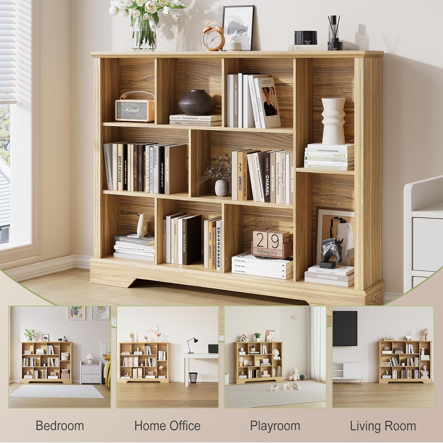 10-Cube Storage Bookcase, Modern 3-Tier Wooden Storage Organizer Open Bookshelf with Base for Living Room, Bedroom, Home Office