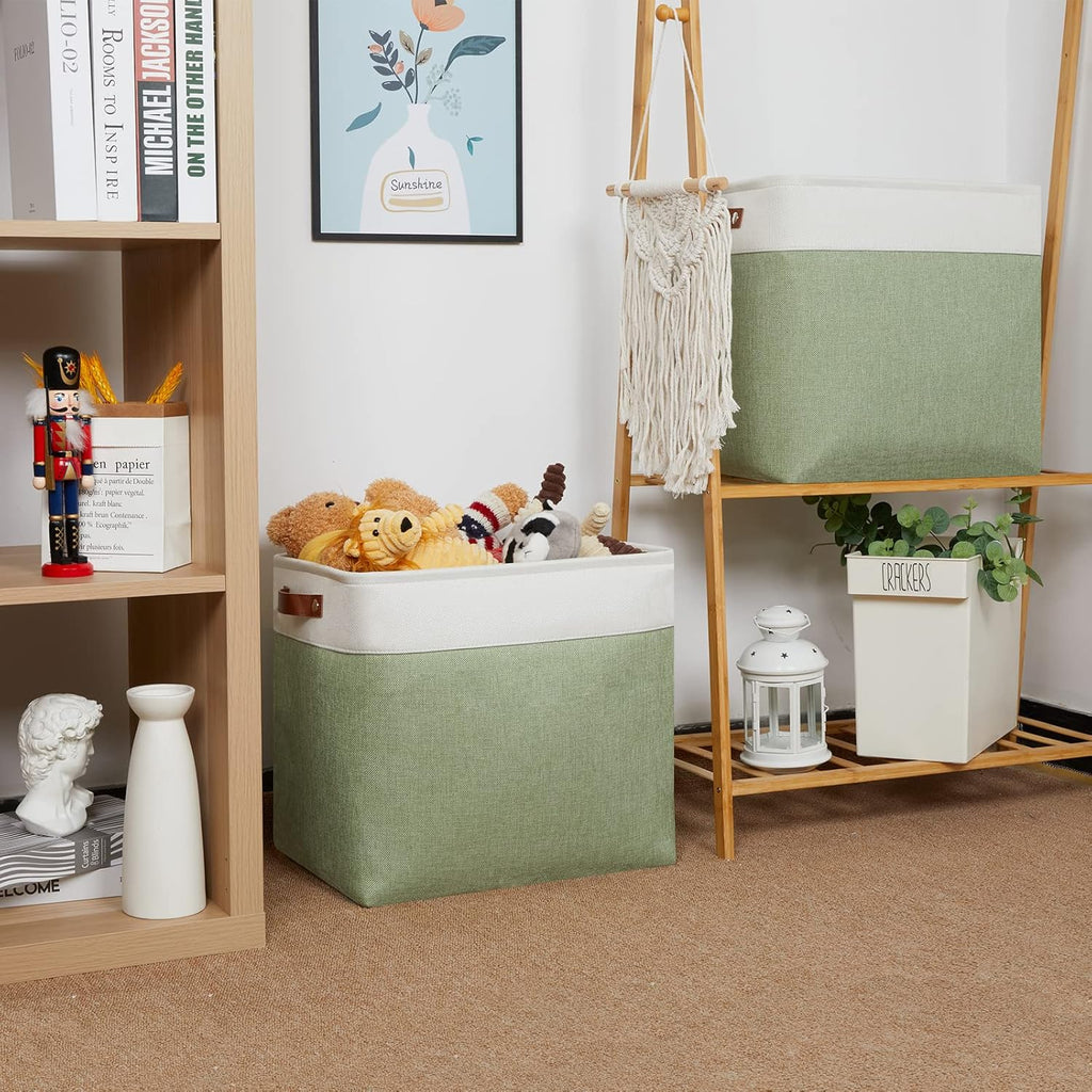 HNZIGE Shelf Storage Baskets for Clothes, Large Storage Bins Fabric Baskets for Organizing, Foldable Rectangular Decorative Storage Bins for Home Closet(White Green), 17" x 12" x 15"