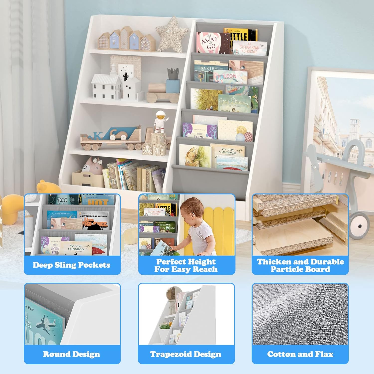 4 Tier Kids Wooden Bookshelf, 5 Layer Sling Toddler Bookcase,Baby Storage Book Rack,Book and Toy Organizer Cabinet,Children Book Display,Playroom Nursery Classroom Kid Room