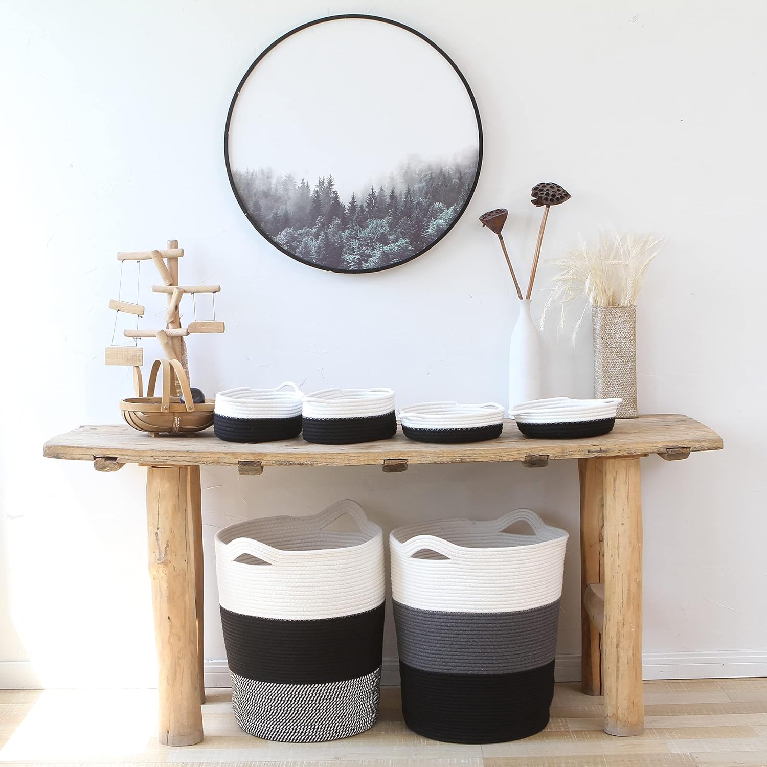 Sea Team 2-Pack Cotton Rope Baskets, 10 x 7 x 4 Inches Small Woven Storage Basket, Fabric Tray, Bowl, Oval Open Dish for Fruits, Jewelry, Keys, Sewing Kits (Black & White)