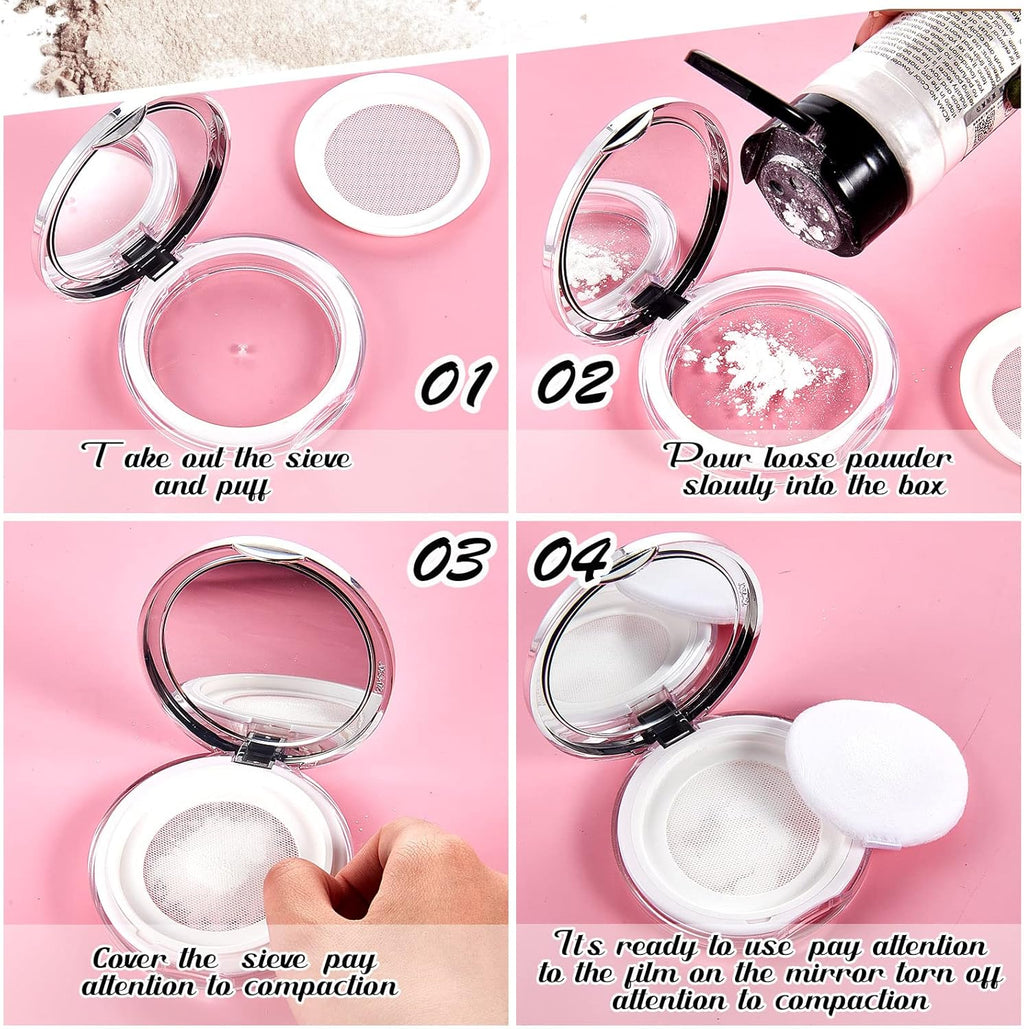 Cunhill 2 Pcs Loose Powder Container with Puff 0.17/0.7 oz Reusable Plastic Portable DIY Makeup Empty Powder Case with Mirror and Net Sifter(Pink, Silver)