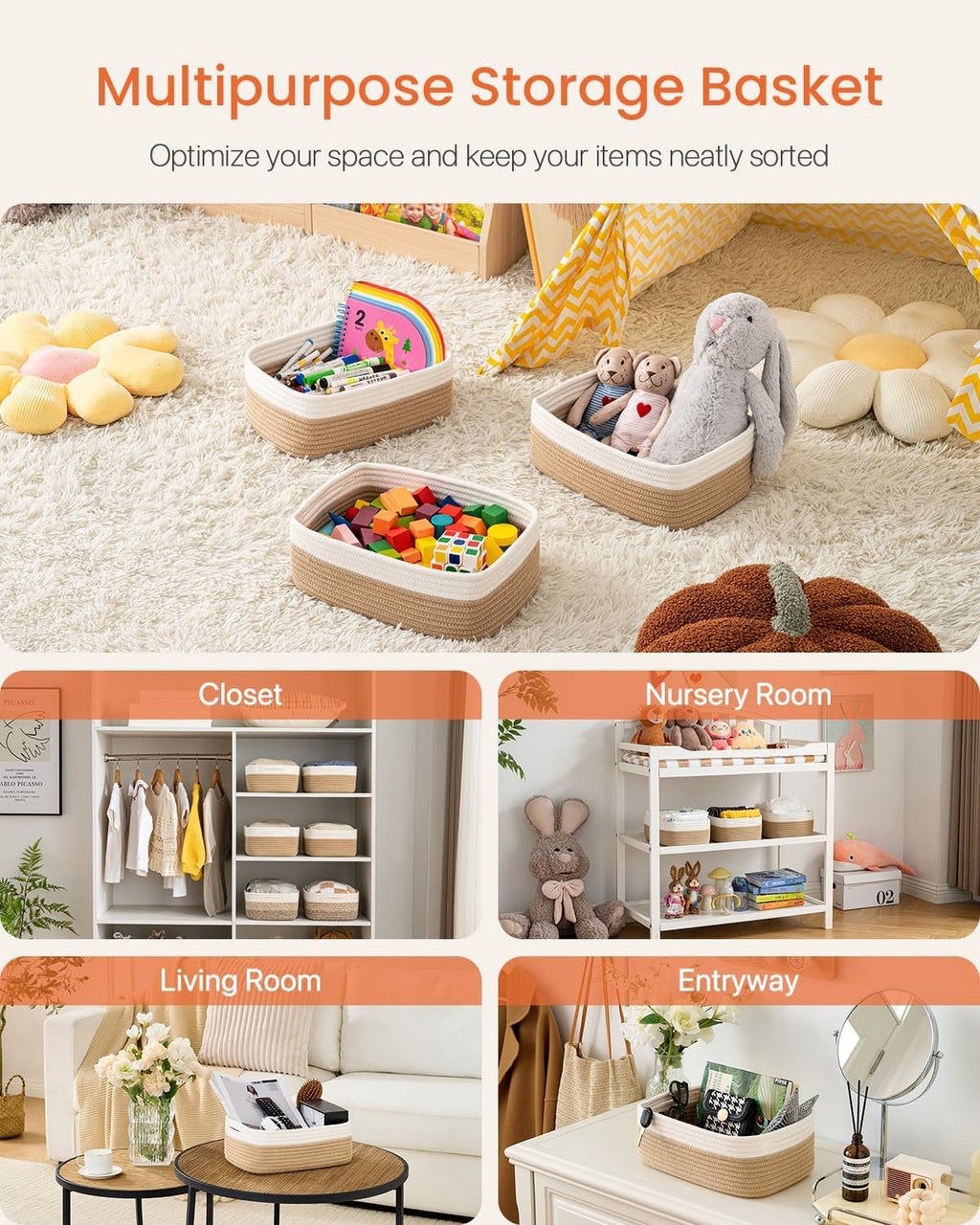 Small Woven Basket, 12 x 8 x 4.5 Inches, Storage Basket for Organizing, Cute Small Rope Shelf Closet Cube Storage Bins Baskets for Shelves, Dog Toy Gift Baskets Empty, 3 Pack White & Brown