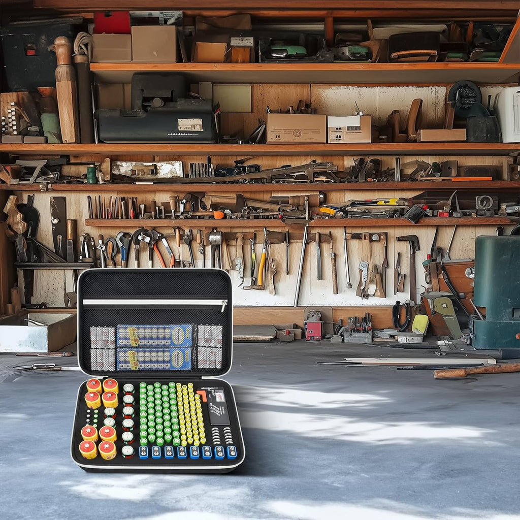 Battery Storage Organizer Box with Tester BT-168, Variety Case Holds 140+ AA, AAA, C, D, 9V, Lithium 3V Button Batteries- Not Includes Batteries(Black)