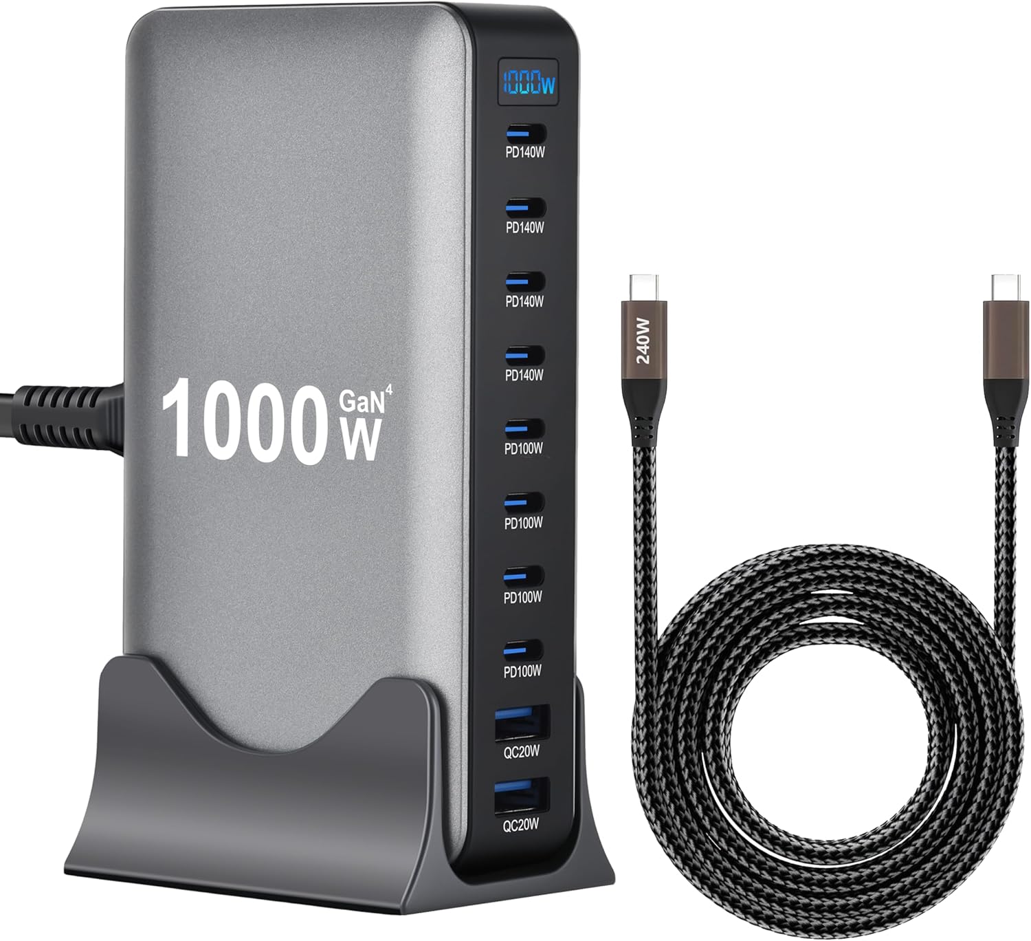 1000W 10-Port GaN 4 Desktop Charging Station with 240W 6.6 ft Data Cable - Compatible with Tablets, Phones, Laptops, Gaming Consoles, Headphones