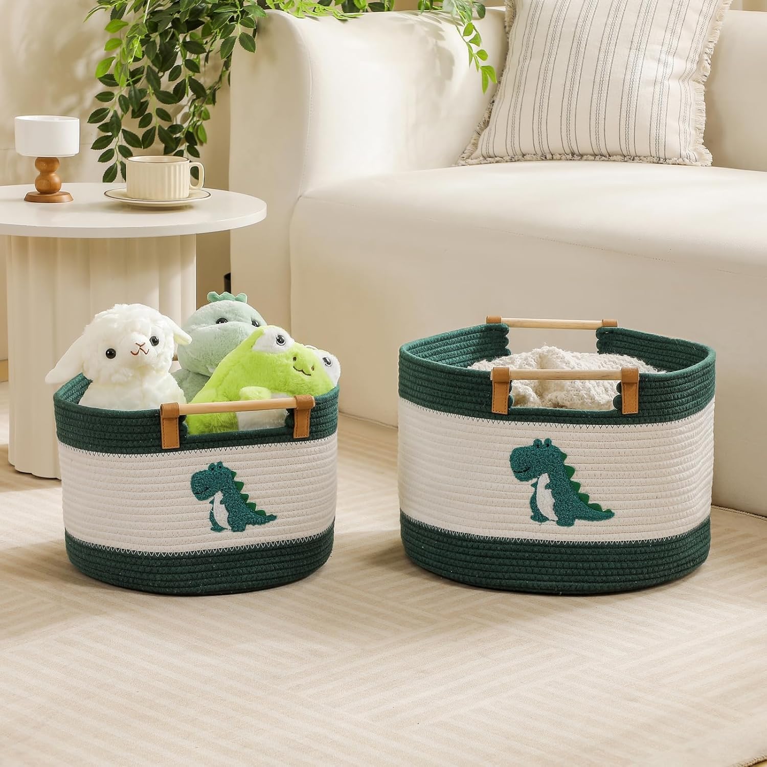Cotton Rope Baskets for Kids Stuffed Animal Toys Storage for Nursery, Baby Baskets for Gifts Empty, Woven Basket with Wooden Handles Blanket Towel Toy 0rganizer Kids Blanket Storage Bins (Dinosaur ）