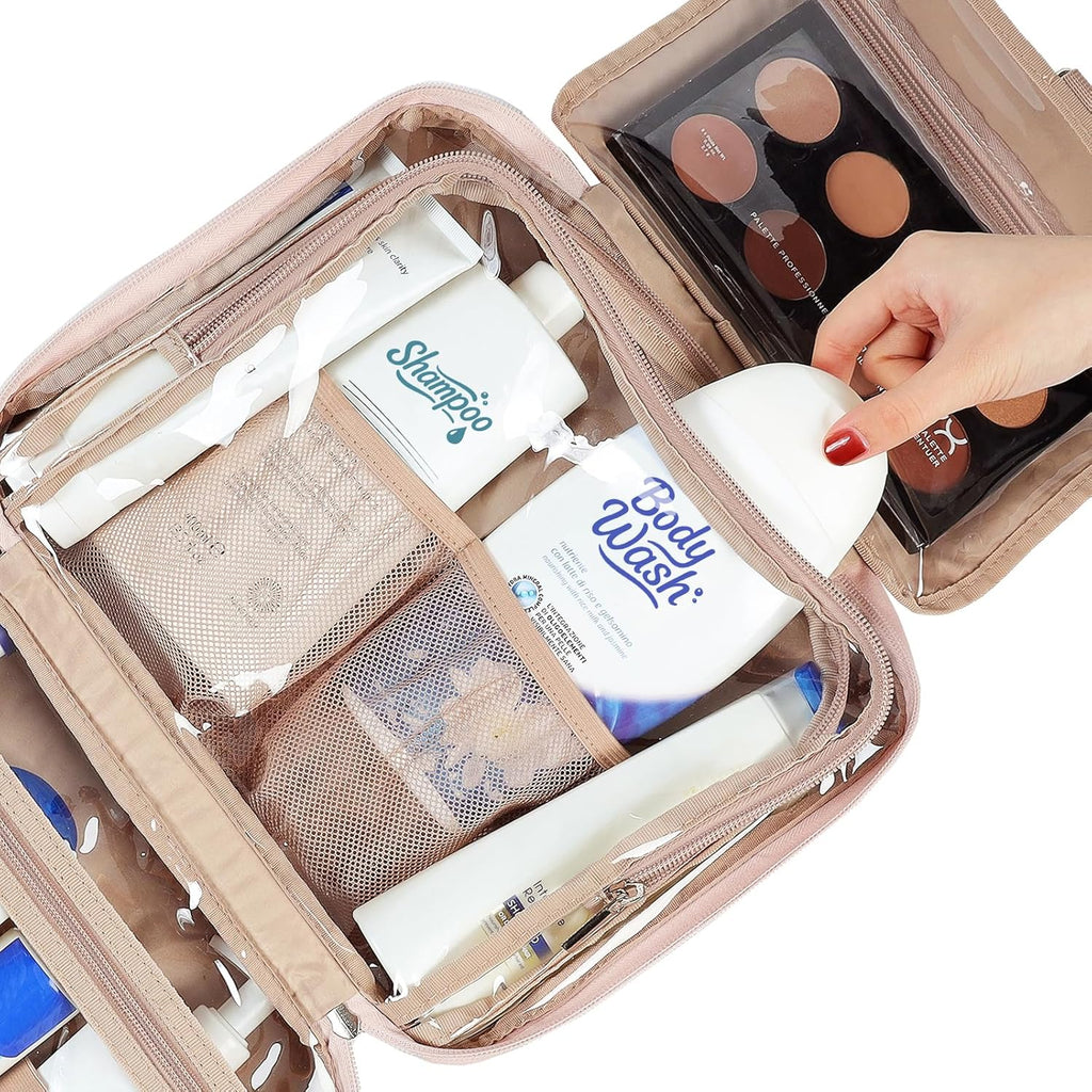 NISHEL Travel Toiletry Bag for Women, Makeup Essentials Organizer, Hanging Case for Accessories, Cosmetics, Large Size, Pink