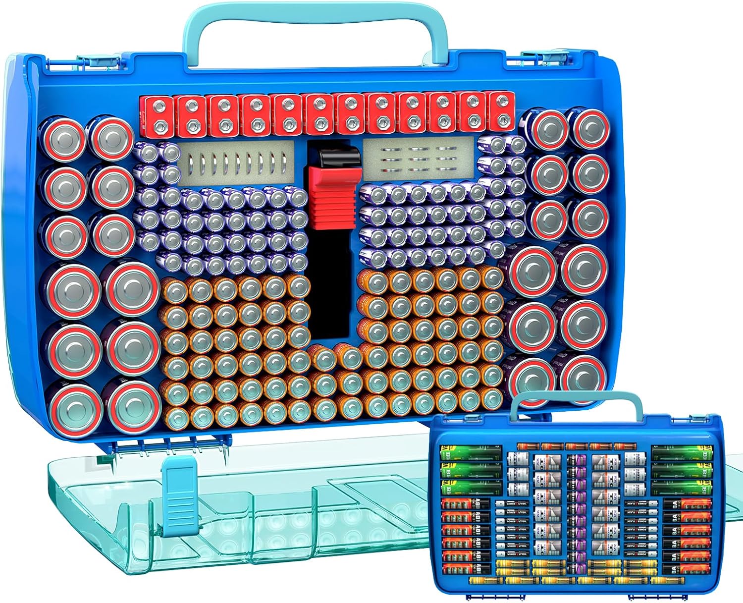 ALCYON Large Capacity 269 Battery Organizer Storage Case with Tester, Double-Side Battery Holder Container for AA AAA AAAA C D 9V Lithium 3V CR123 CR1632 18650 Batteries(Box Only) (Blue)