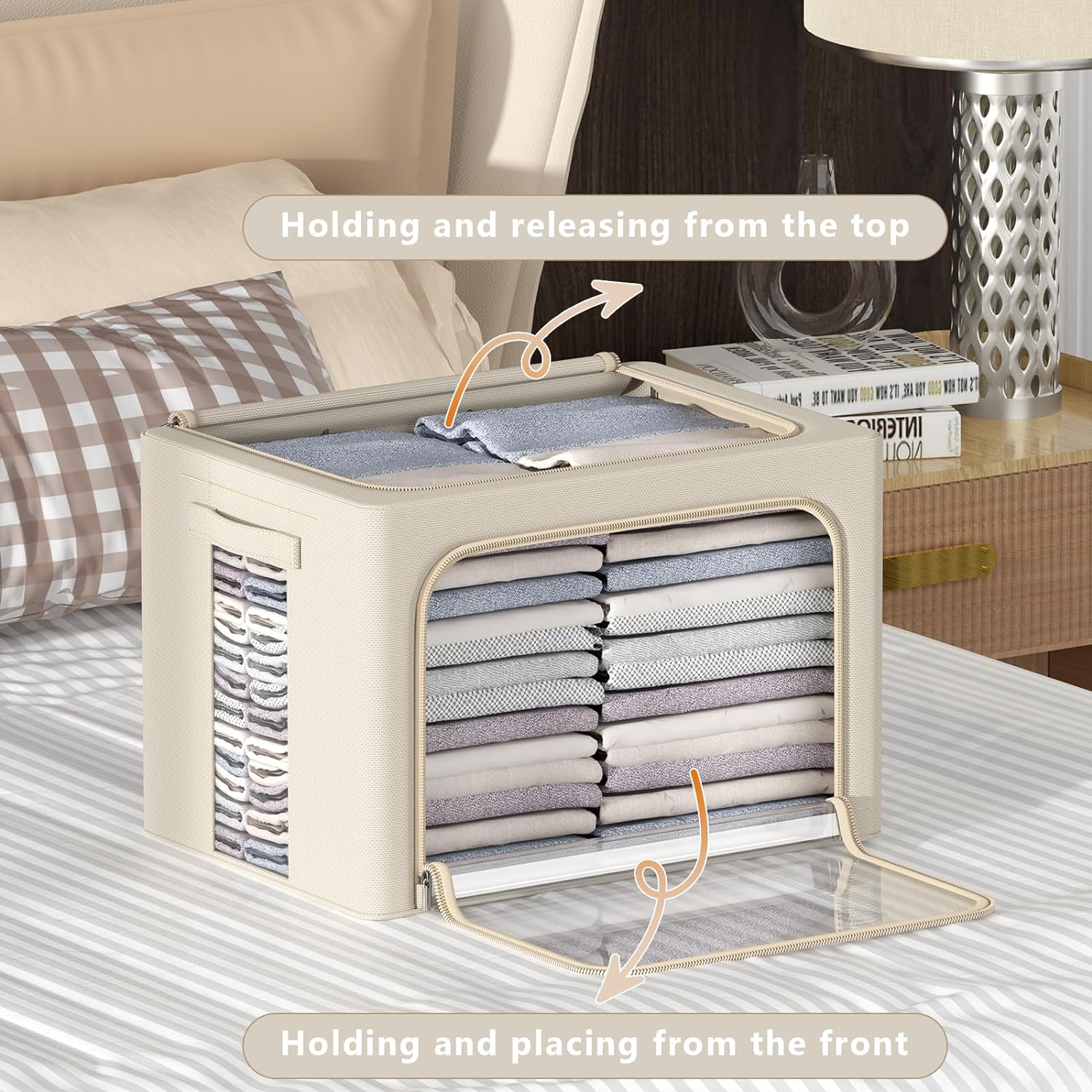 3Pack Frame Storage Box - Clothes Storage Bin Bags Oxford Fabric Foldable Stackable Container Organizer Set with Clear Window & Carry Handles Large Capacity (Beige, Small-22L)