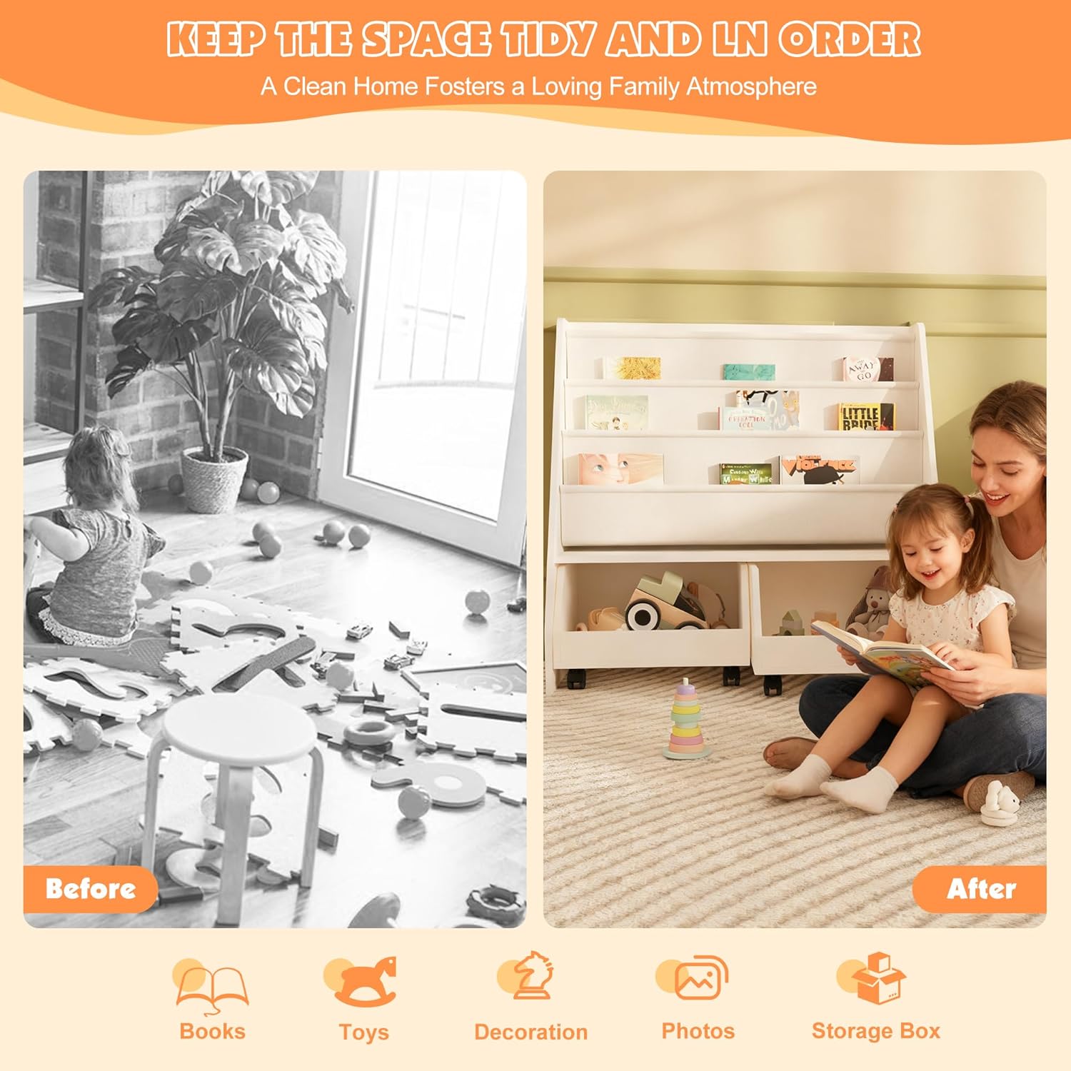 Kids Bookshelf with Two Movable Drawers Toddler Bookcase with Toy Storage Organizer Child Sling Book Rack Baby Cabinet Chest with Wheels for Nursery,Playroom,Bedroom,Living Room,Classroom