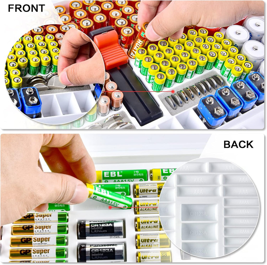 Battery Organizer Storage Case with Double-Sided, Garage Box with Tester Checker Batteries Container for 269pcs AA AAA AAAA 3A 4A 9V C D Lithium 4LR44 CR2 CR123A CR1632 CR2032 18650(Case Only)-White