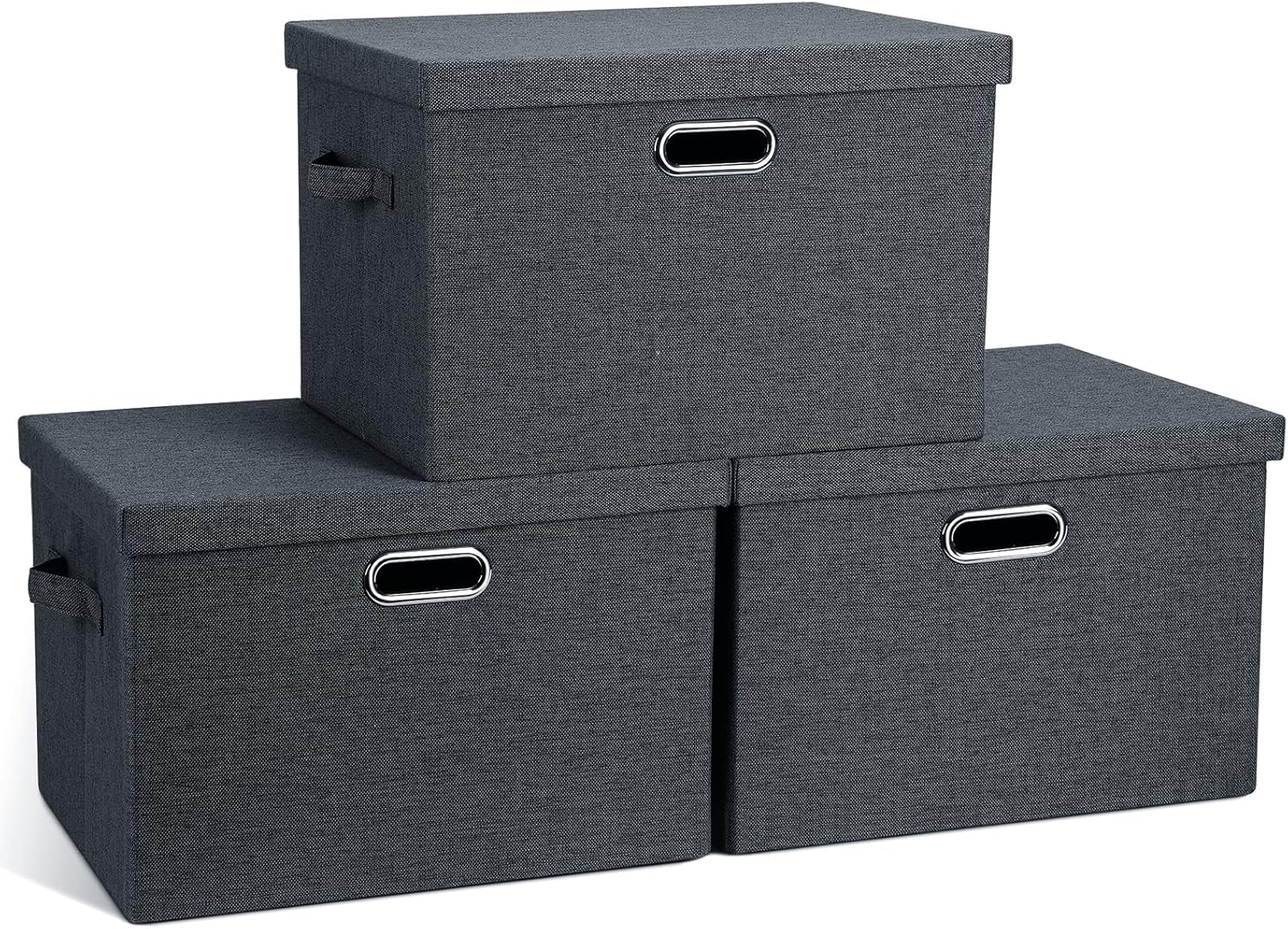 Large 17" 36 Quart Collapsible Stackable Storage Bins with Lids, 3 Packs Dark Gray Foldable Fabric Closet Storage Boxes with Lids, Heavy-duty Linen Cube Baskets(17x12x11)