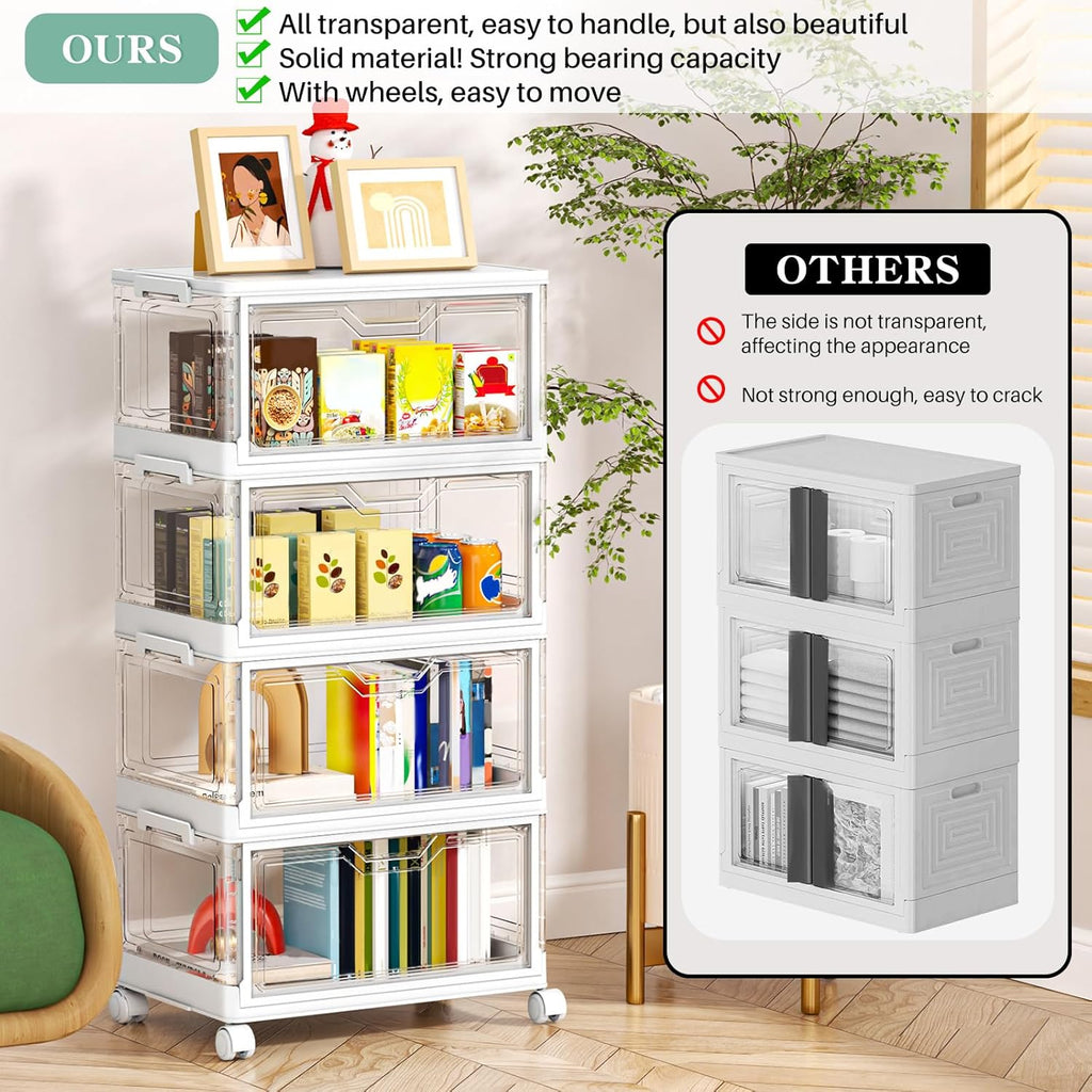 Clear Storage Bins with Lids,4 Tier Plastic Bins with Wheels,Stackable Storage Bin,Closet Organizers Box for Bedroom,Living Room,Toy,23 QT Folding Box with Magnetic door