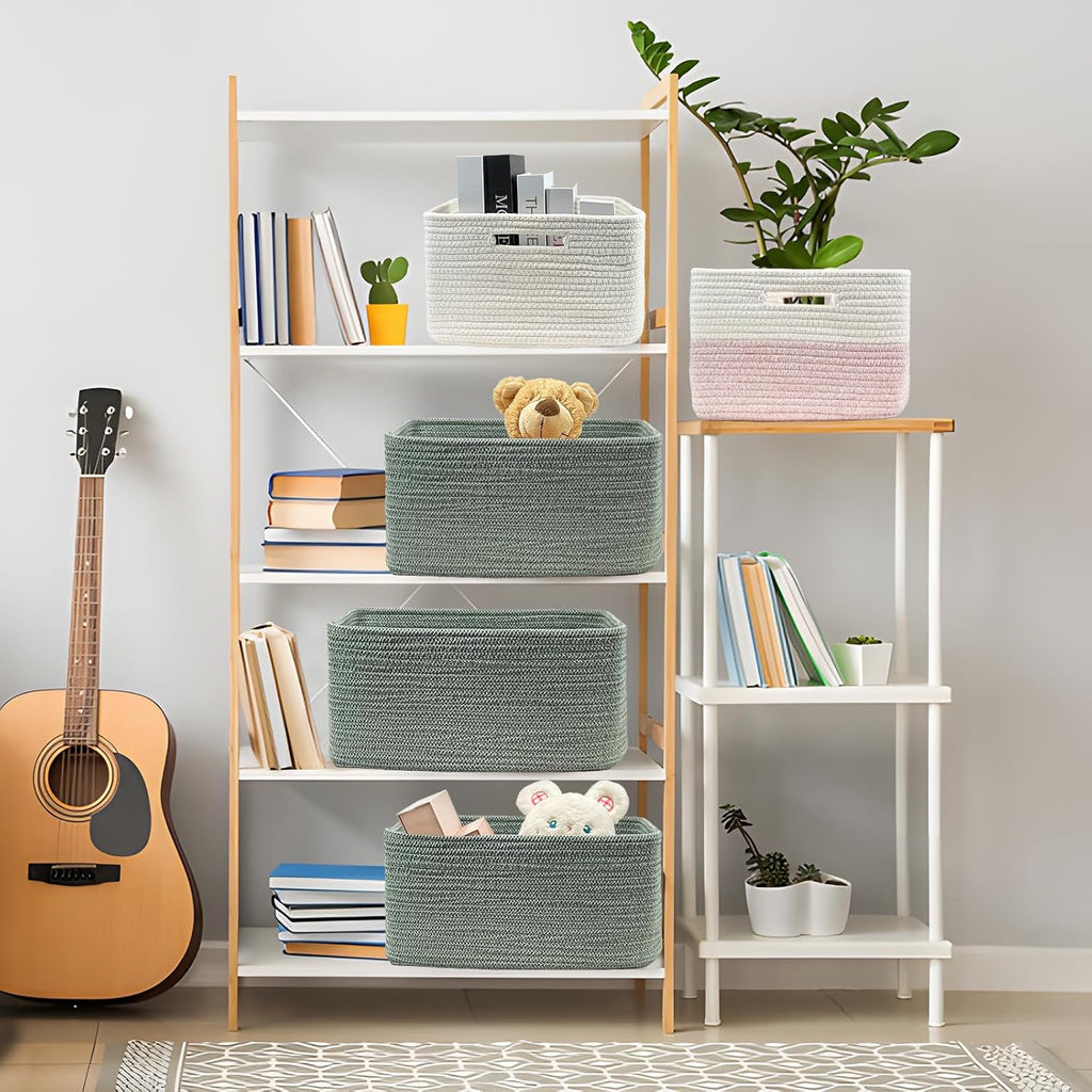 COMFY-HOMI 2 pcs Large Storage Baskets for Shelves, Laundry Basket, Woven Rope Basket, Closet Organizer Bins for Clothes Blanket Towels, Baby Nursery, Gift Toy Baskets, 17” x 13” x 7.5”-Green