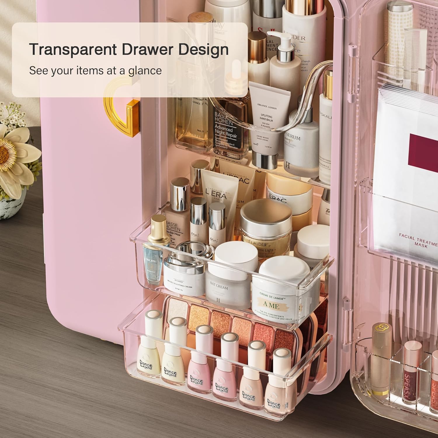 UAK Makeup Organizer with Drawers for Vanity, Cosmetic Display Case with Brush Holders, Storage for Skincare Countertop Bathroom (Pink)