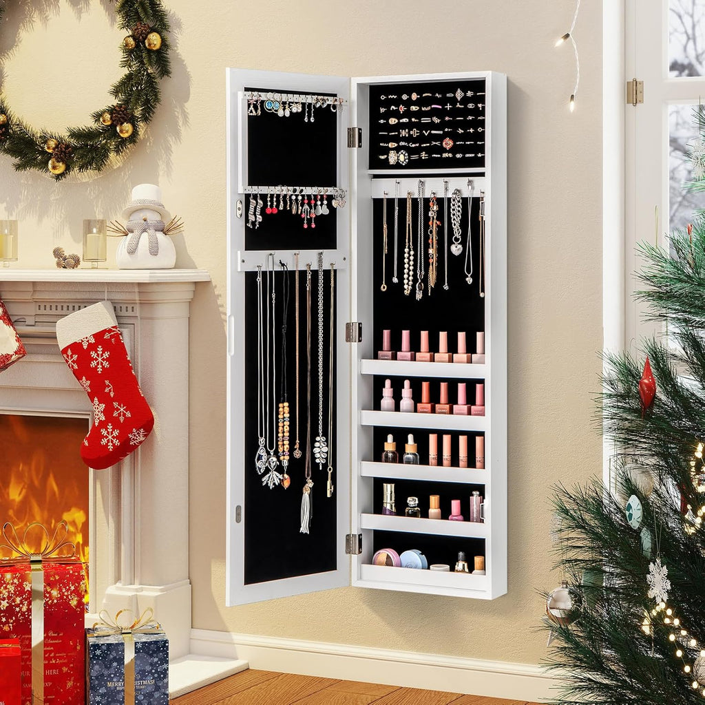 Giantex Wall or Door Mounted Jewelry Cabinet with Full Length Mirror, Over The Door Jewelry Armoire Organizer, Hanging Storage Cabinet with Necklace Hooks, Earring Slots, Ring Slots & Shelves (White)