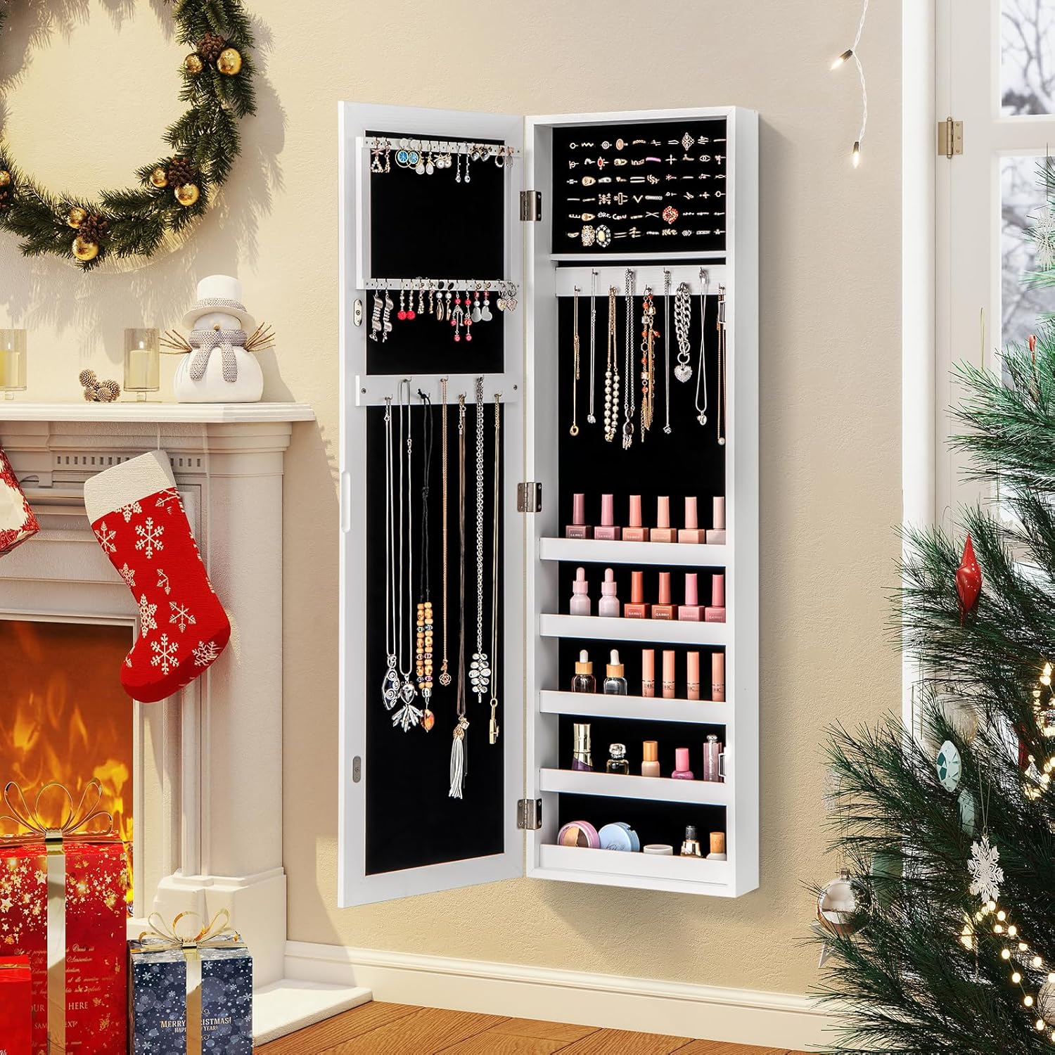 Giantex Wall or Door Mounted Jewelry Cabinet with Full Length Mirror, Over The Door Jewelry Armoire Organizer, Hanging Storage Cabinet with Necklace Hooks, Earring Slots, Ring Slots & Shelves (White)