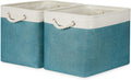 Bidtakay Foldable Storage Bins Set of 2 Tall Cloth Baskets 16" X 11.8" X 11.8" Decorative Organizers for Linen Closet (White & Teal)