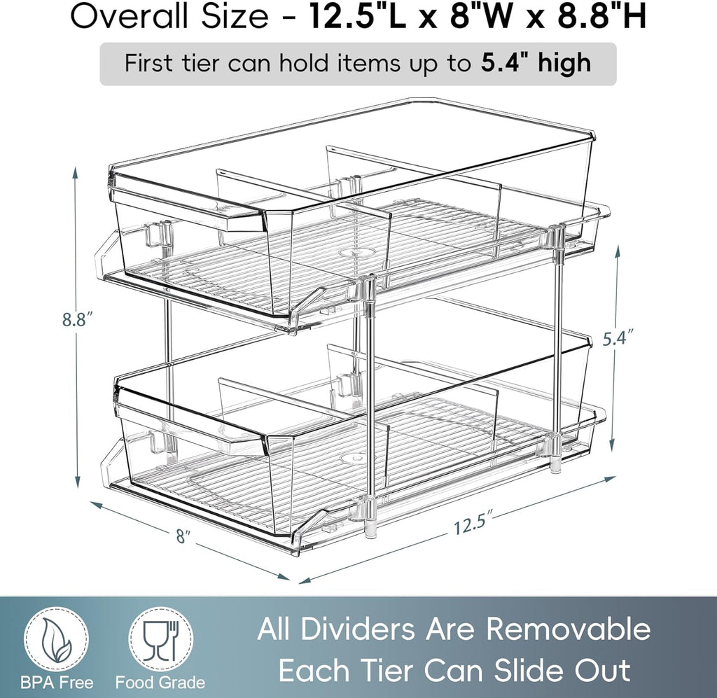 2 Tier Clear Organizer with Dividers for Cabinet, Shlef, Counter - MultiUse Slide-Out Storage Container - Kitchen, Pantry, Medicine Cupboard Bins, Bathroom, Vanity Makeup, Under Sink Organizing