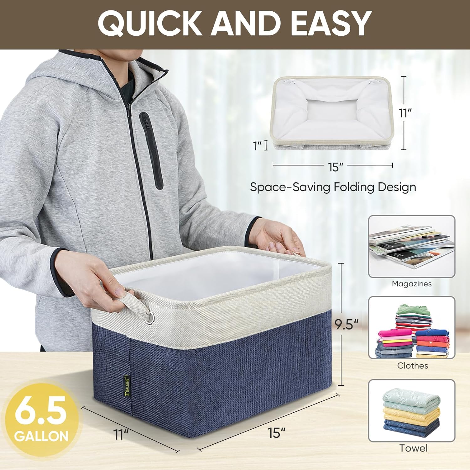 BALEINE 3 Pack Fabric Storage Bins for Shelves, Linen Storage Baskets for Organizing, Decorative Closet Bins for Clothes, Home (Navy Blue, 15"x11"x9.5")