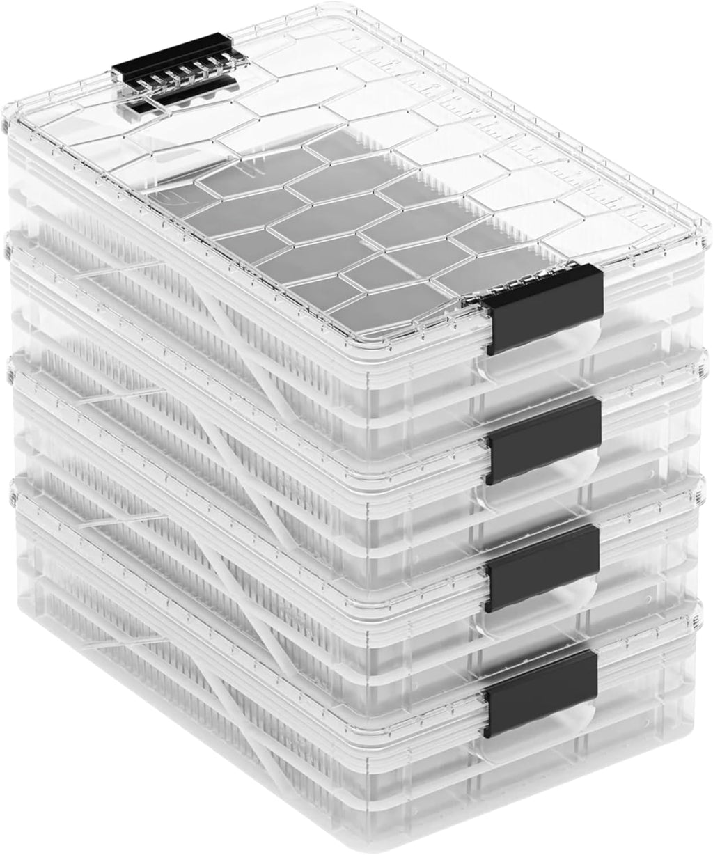 SIDIO Quarter Crate 4 Pack of Stackable Storage Bins - Organizer Bins with Dividers for Garage Organization, Home Storage - Heavy Duty Plastic Containers - 19.16” x 12.75”x 4.57” (Clear)