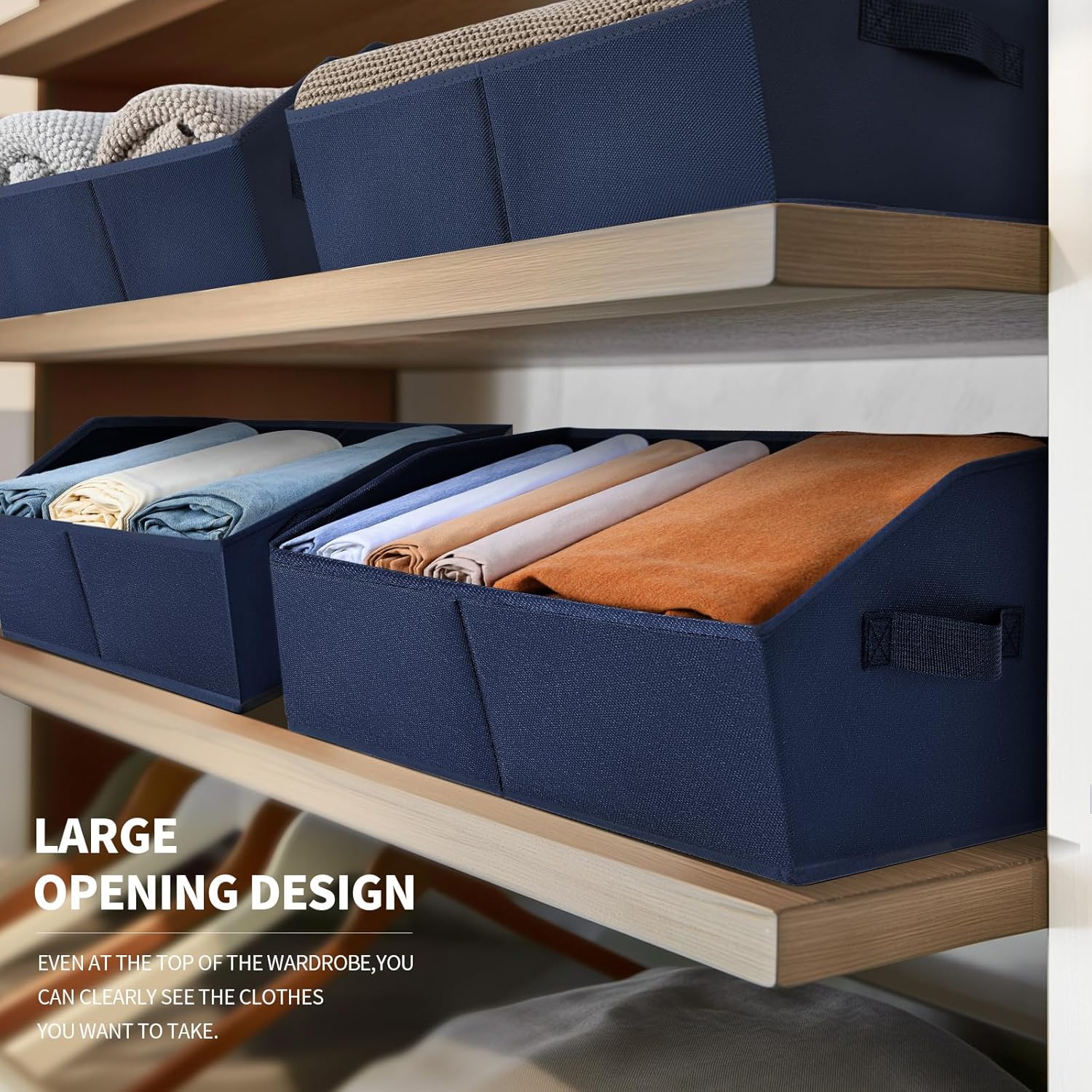 Clothes Organizers and Storage - Fabric Storage Bins with Handles, Storage Baskets for Organizing, Trapezoid Storage Cubes for Blankets, Towels, Office, 6 Pack, Navy Blue