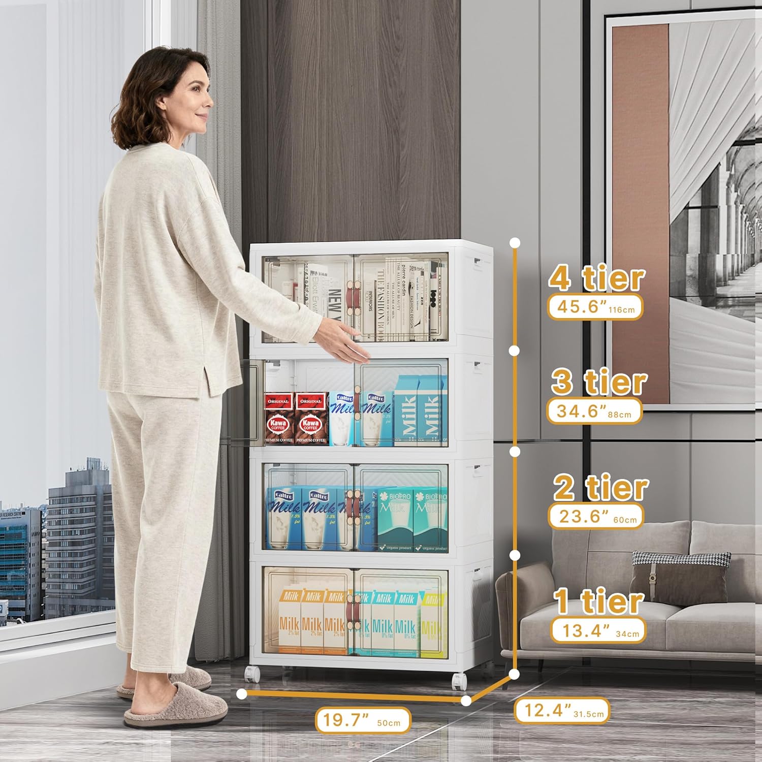 Extra Large Stackable Storage Bins with Lids & Wheels & Door, 208QT-52QT/13GAL*4Pack Foldable Collapsible Closet Organizers, Plastic containers drawers for bedroom Dorm