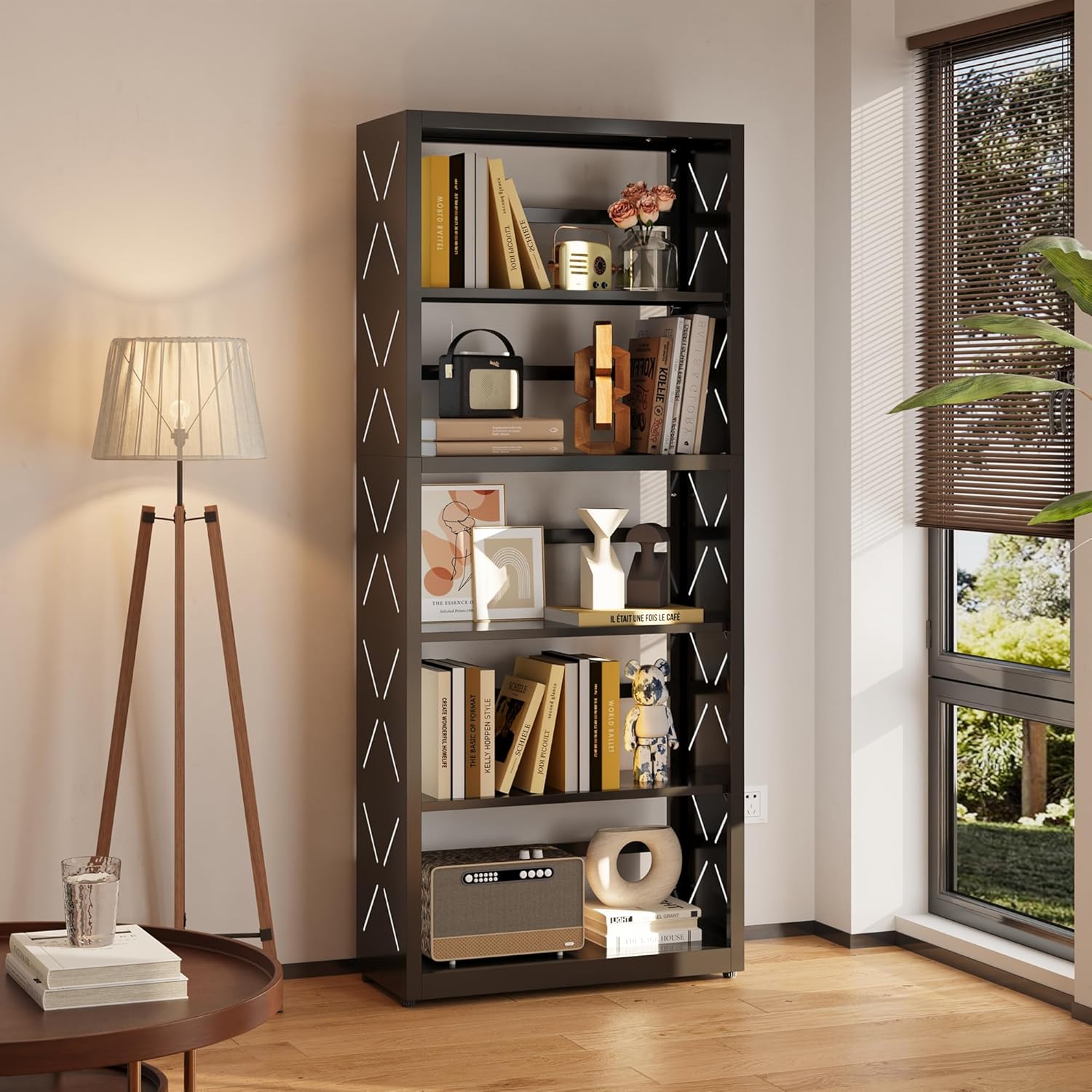 Industrial Bookshelf,5 Tier Bookcase,55" Black Metal Tall Bookshelf with Adjustable Feet and Adjustable Shelves,Home Office Bookcase Shelf Storage Organizer for Living Room、Kitchen