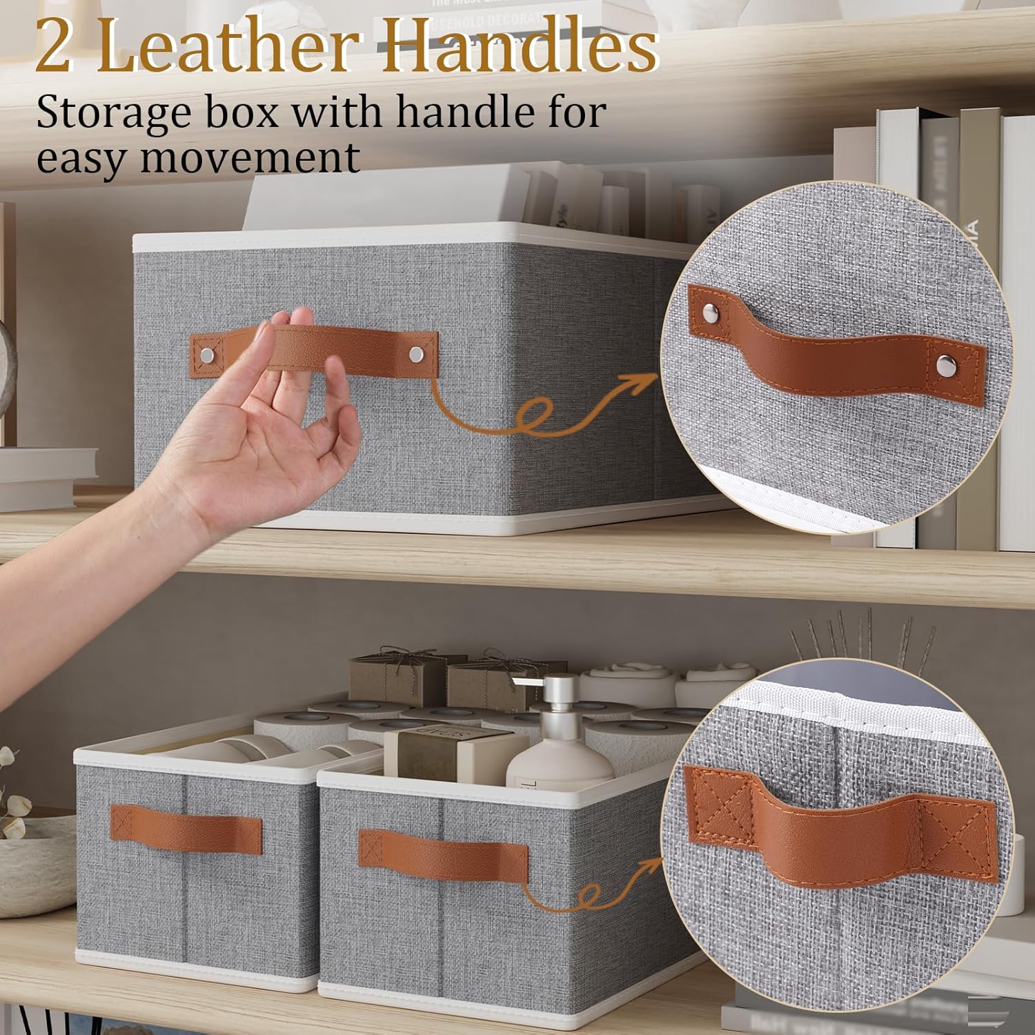 OUTBROS Foldable Bins With Handles, Fabric Storage Boxes, Foldable Bins With Handles, Wardrobe Baskets for Organizing, For bedrooms, living rooms, Shelves, White, 16.1 x 6.5 x 9.8 inch, 6-Pack