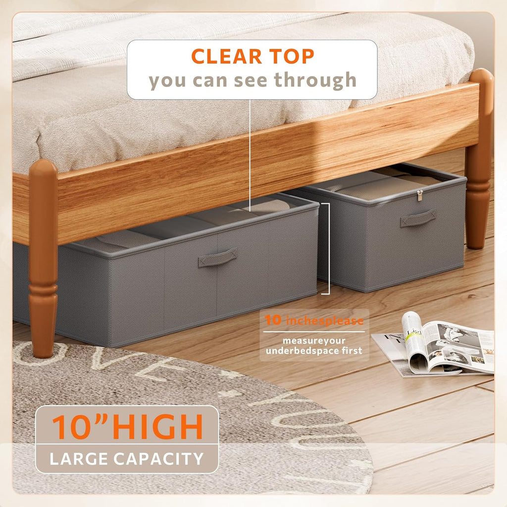 10 Inch 2 Pack Under Bed Storage Containers, 10 Inch Tall Underbed Clothes Storage Organizer Bin with Clear Window，Foldable Box Basket for Clothes, Closet, Bed Sheets and Blankets Gray