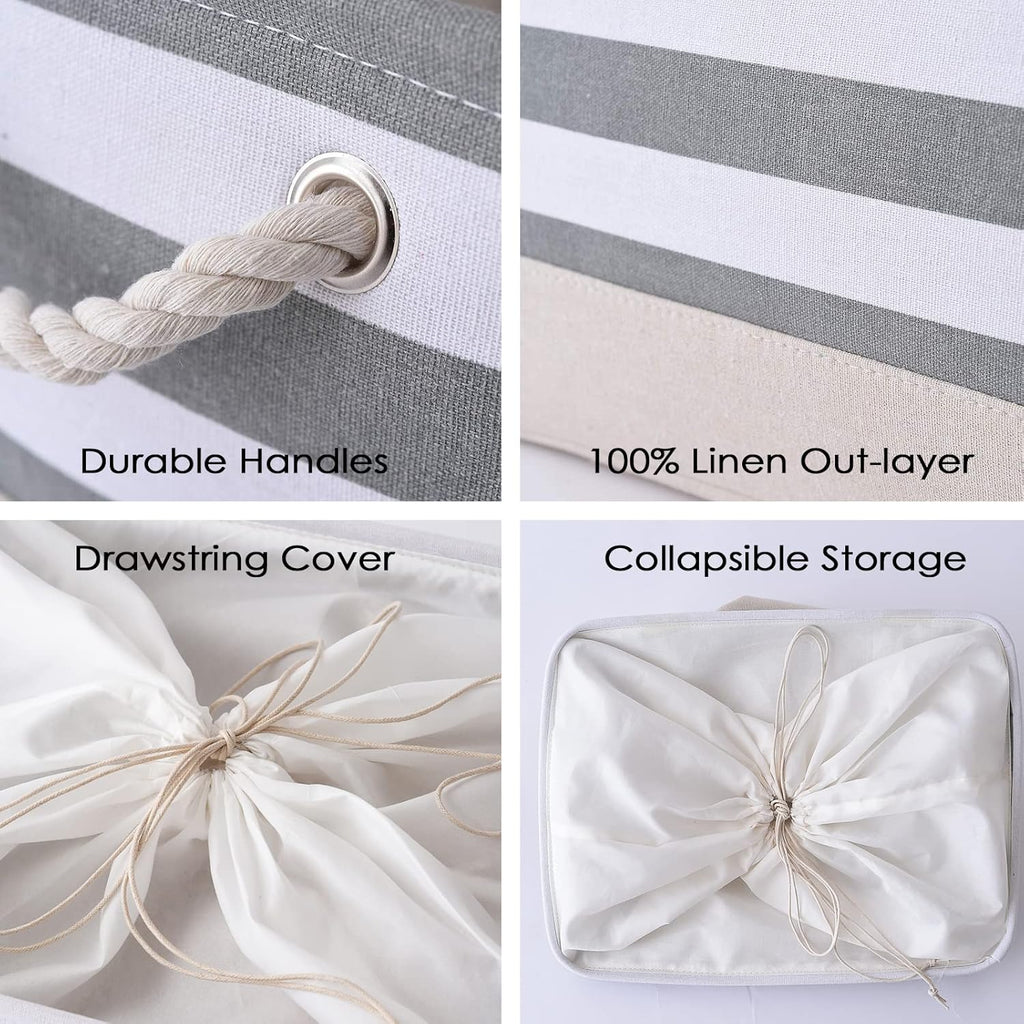 TheWarmHome Jumbo Storage Bins Baskets, Sturdy Fabric Organizing Basket W/Handles, Decorative Foldable Storage Baskets for Shelves Closet Nursery Toy (Grey&White Stripes 3 Pack, 20.5Lx15.7Wx13.8H in)