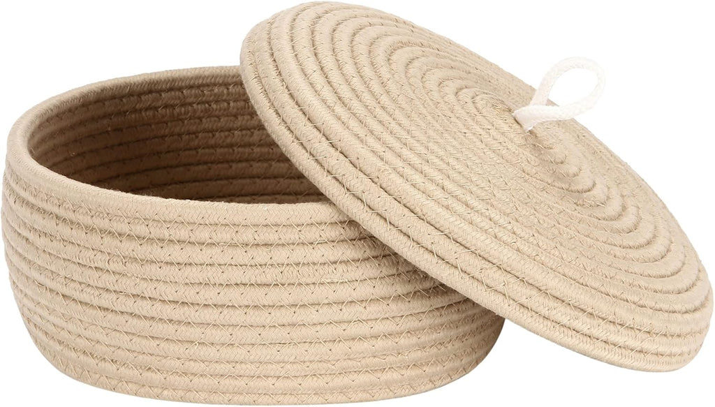 Sea Team Round Cotton Rope Storage Basket with Lid, Decorative Woven Storage Bin, Pot, Caddy, Organizer, Container for Snacks, Towels, Plants, 10 x 4.5 Inches (Small, Shallow, Khaki)