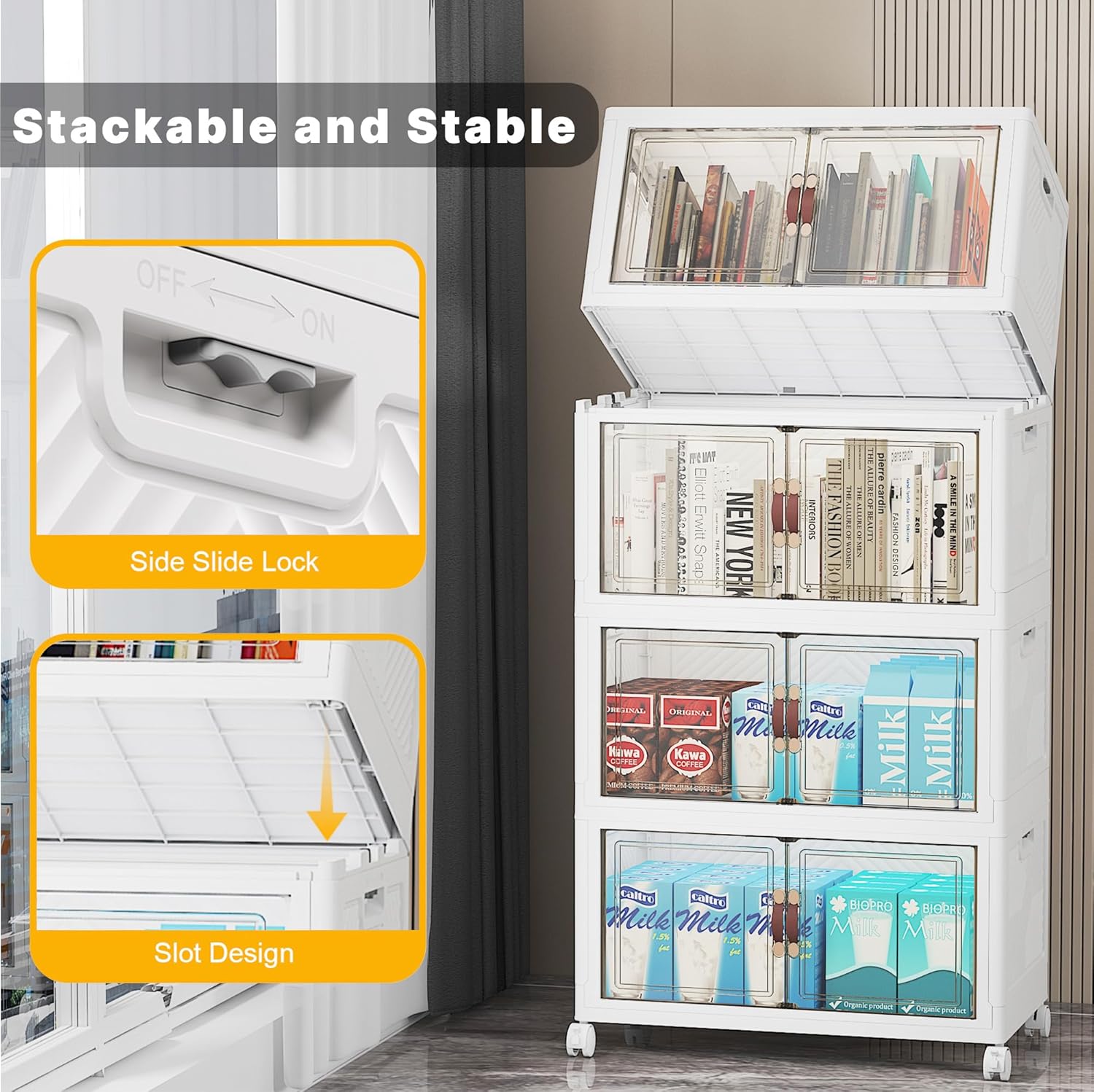 Extra Large Stackable Storage Bins with Lids & Wheels & Door, 416QT-52QT/13GAL*8Pack Foldable Collapsible Closet Organizers, Plastic containers drawers for bedroom Dorm