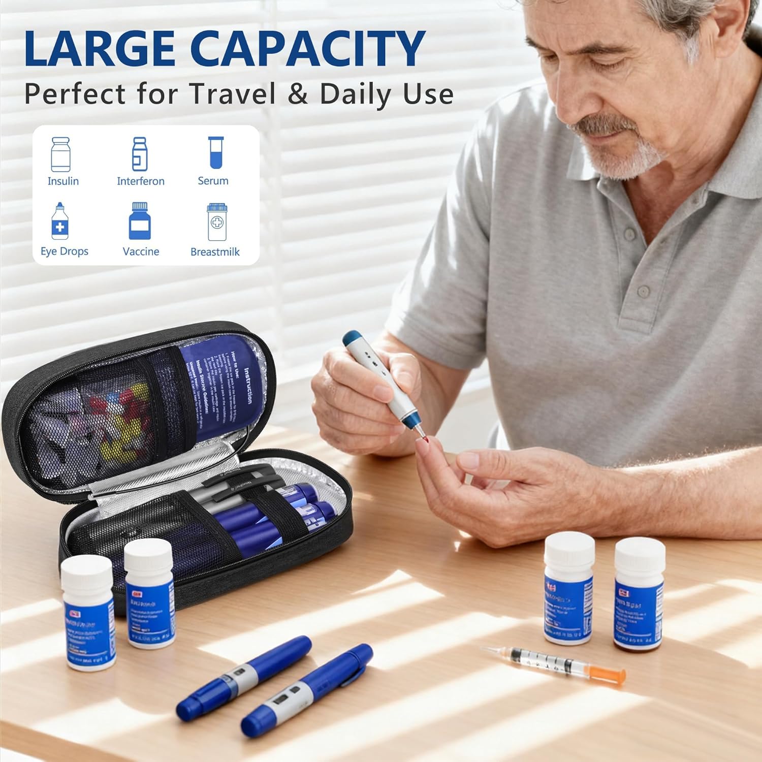 Insulin Cooler Travel Case TSA Approved with Temperature Display – Diabetic Medication Travel Case with 2 × 90g Ice Packs, Portable Medicine Organizer for 3–4 Insulin Pens and Diabetic Supplies(Black)