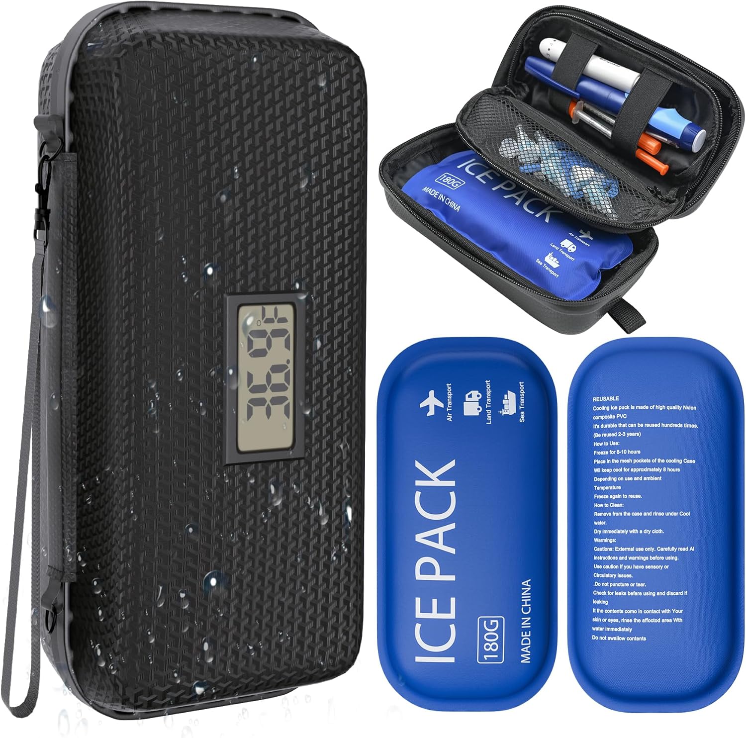 Insulin Cooler Travel Case TSA Approved Diabetic Medicine Cooling Bag with Digital Temperature Display, 2 Ice Pack