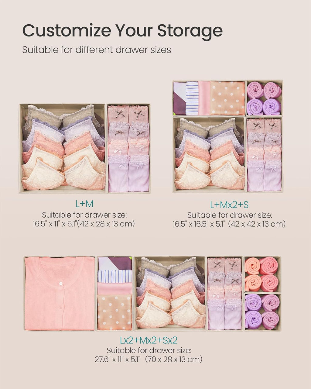 SONGMICS Drawer Organizer, Dresser Drawer Organizers, Set of 6, Foldable Fabric Storage Bins for Socks, Underwear, Bras, Ties, Scarves, Surmmer Sand URDZ006Y01