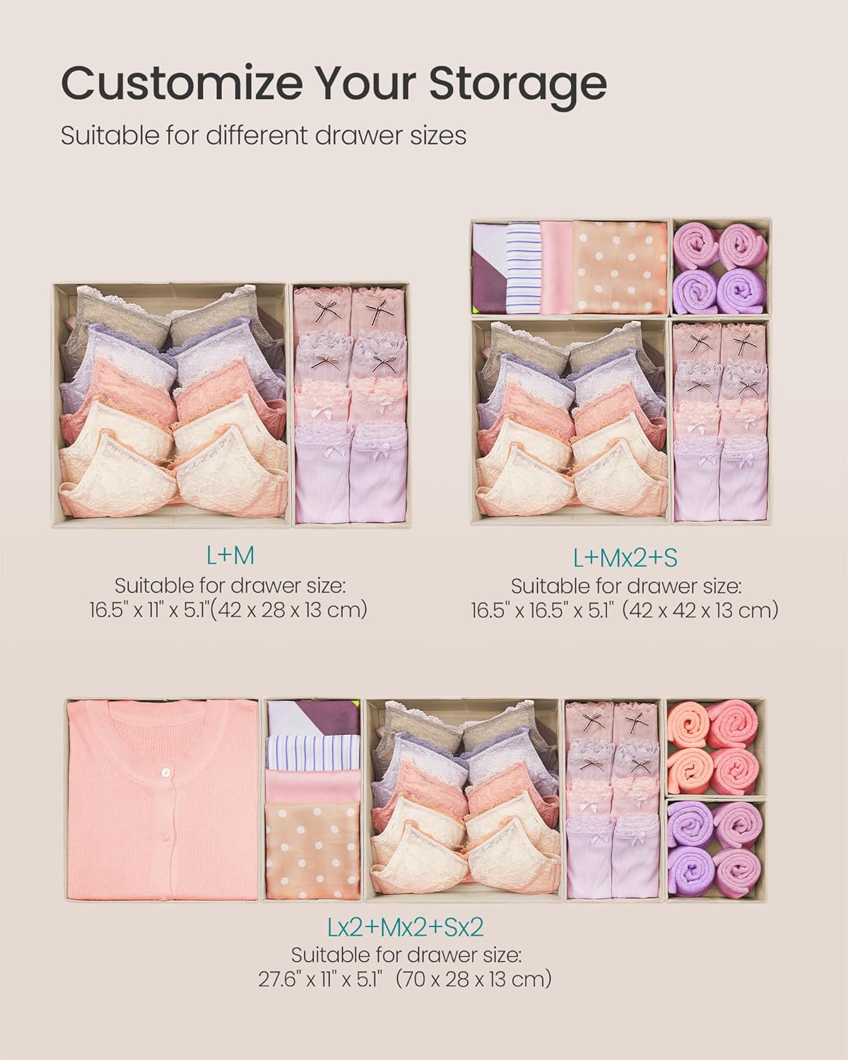 SONGMICS Drawer Organizer, Dresser Drawer Organizers, Set of 6, Foldable Fabric Storage Bins for Socks, Underwear, Bras, Ties, Scarves, Surmmer Sand URDZ006Y01