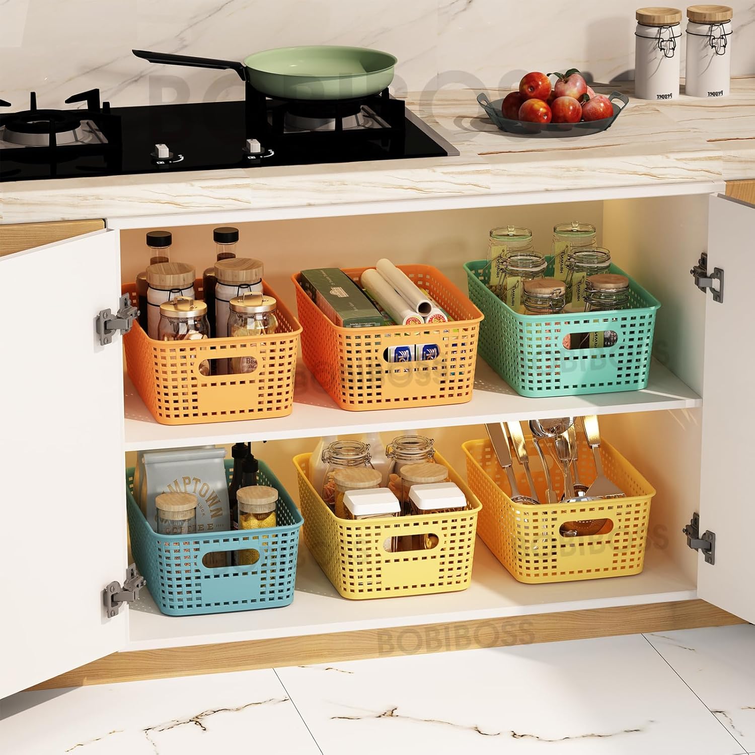 Colorful Plastic Storage Baskets with Lids 8 Pack Stackable Storage Bins Containers for Shelves Organizing, Colored Cute Decorative Storage Boxes for Classroom, Playroom, Closet, Pantry