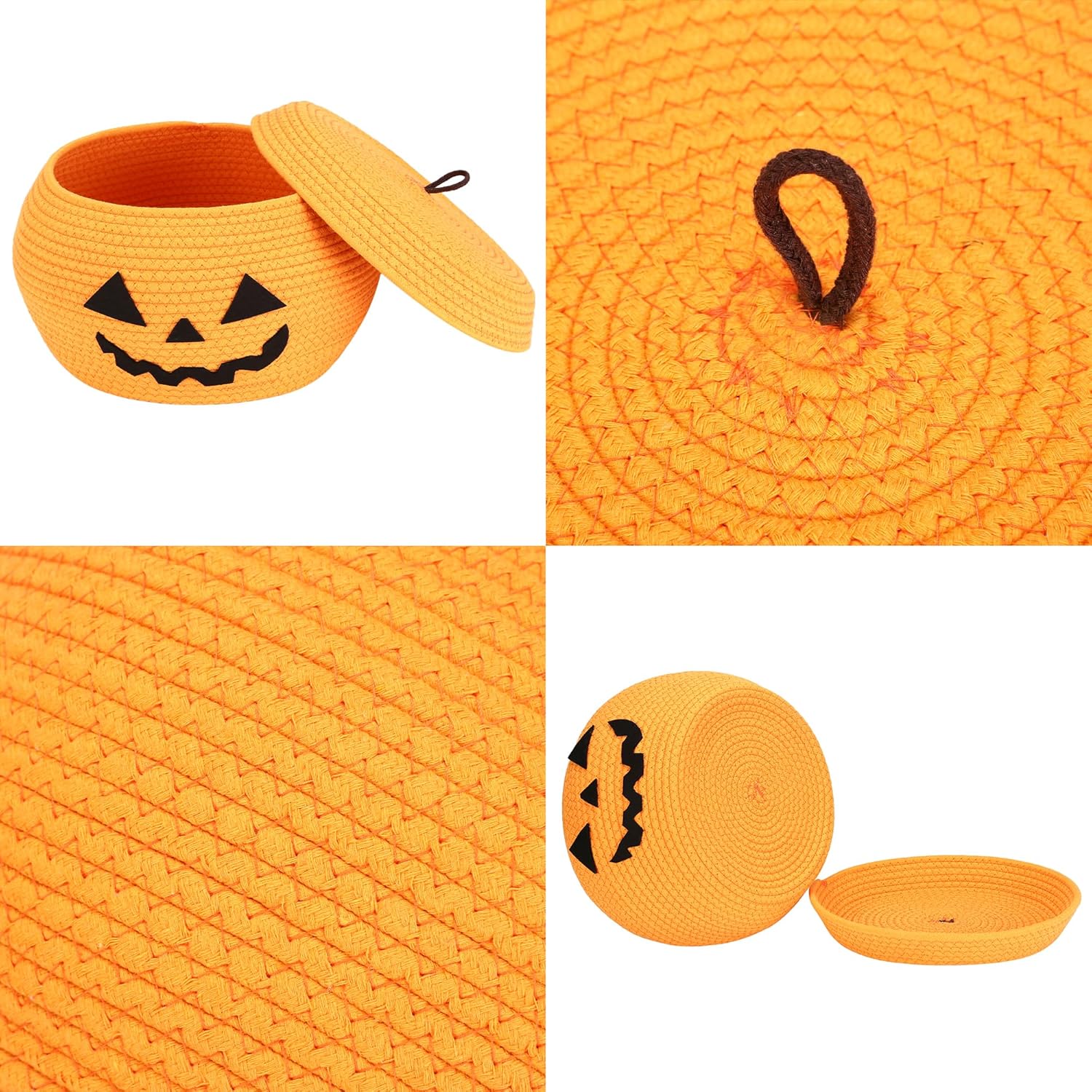 Sea Team Round Cotton Rope Storage Basket with Lid, Halloween Pumpkin Woven Storage Bin, Pot, Caddy, Organizer, Container for Snacks, Towels, Plants, 10 x 7.5 Inches (Small, Orange)