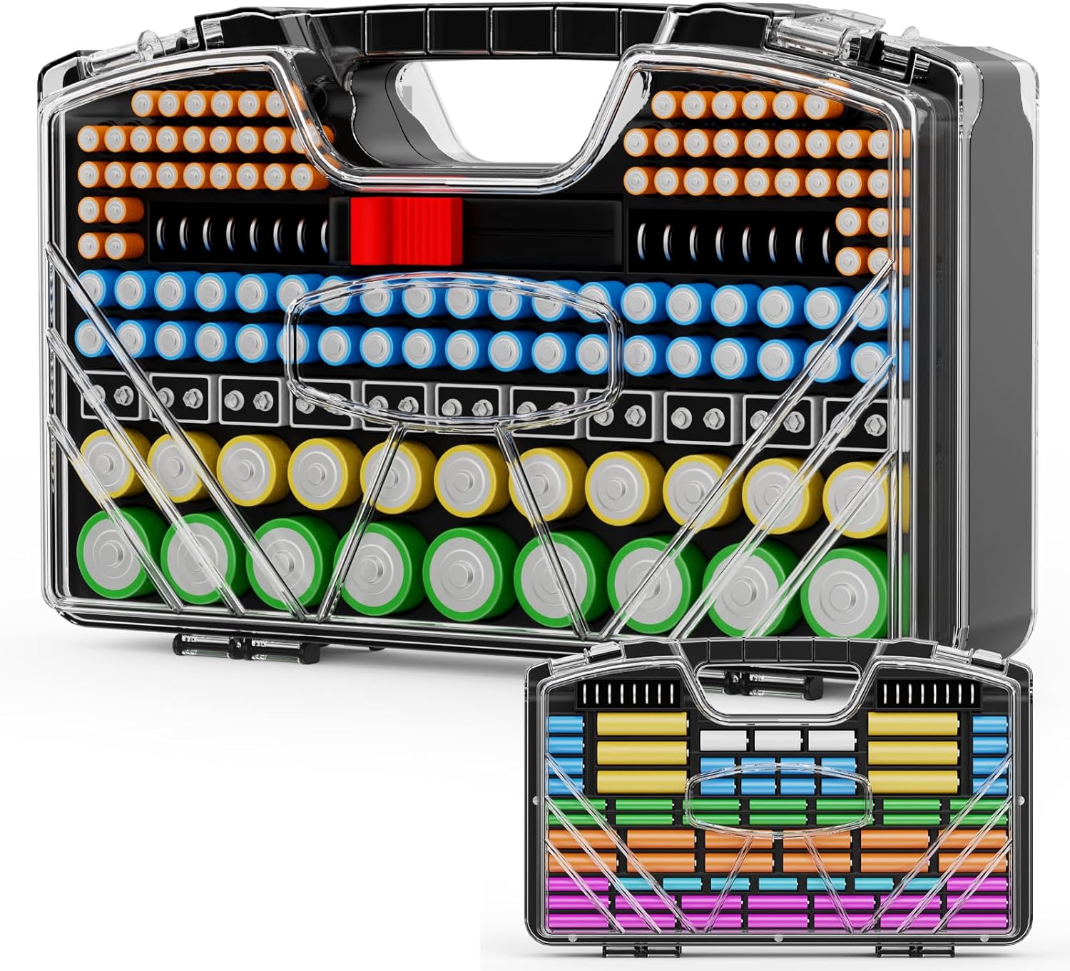 Battery Organizer Storage Holder Box Case with Tester, Stores & Protects Up to 285+ Batteries, Double-Sided and Durable Design,Holds AA AAA 4A C D Cell 9V 3V Lithium LR44 CR2 CR123 (Black)