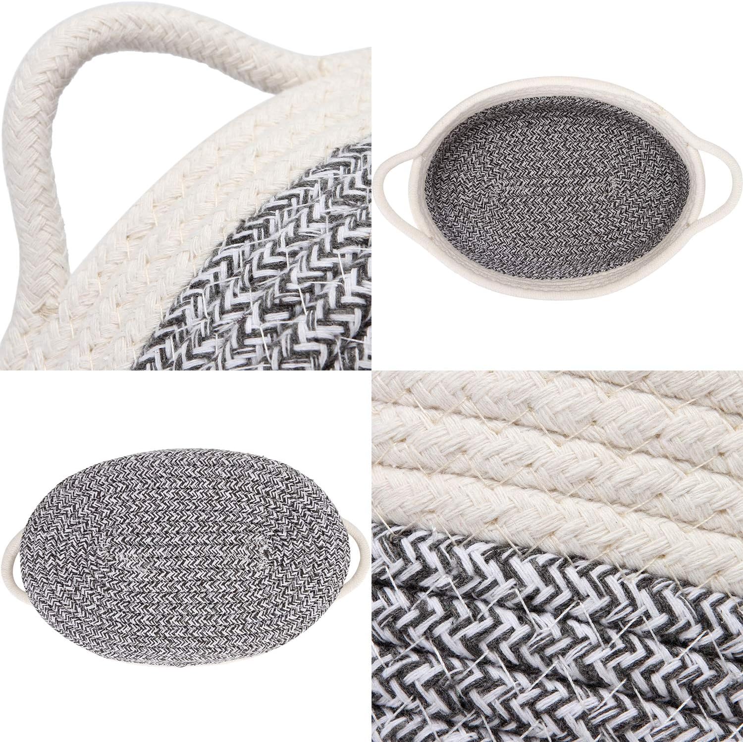 Sea Team 2-Pack Cotton Rope Baskets, 10 x 7 x 4 Inches Small Woven Storage Basket, Fabric Tray, Bowl, Oval Open Dish for Fruits, Jewelry, Keys, Sewing Kits (Mottled Grey & White)